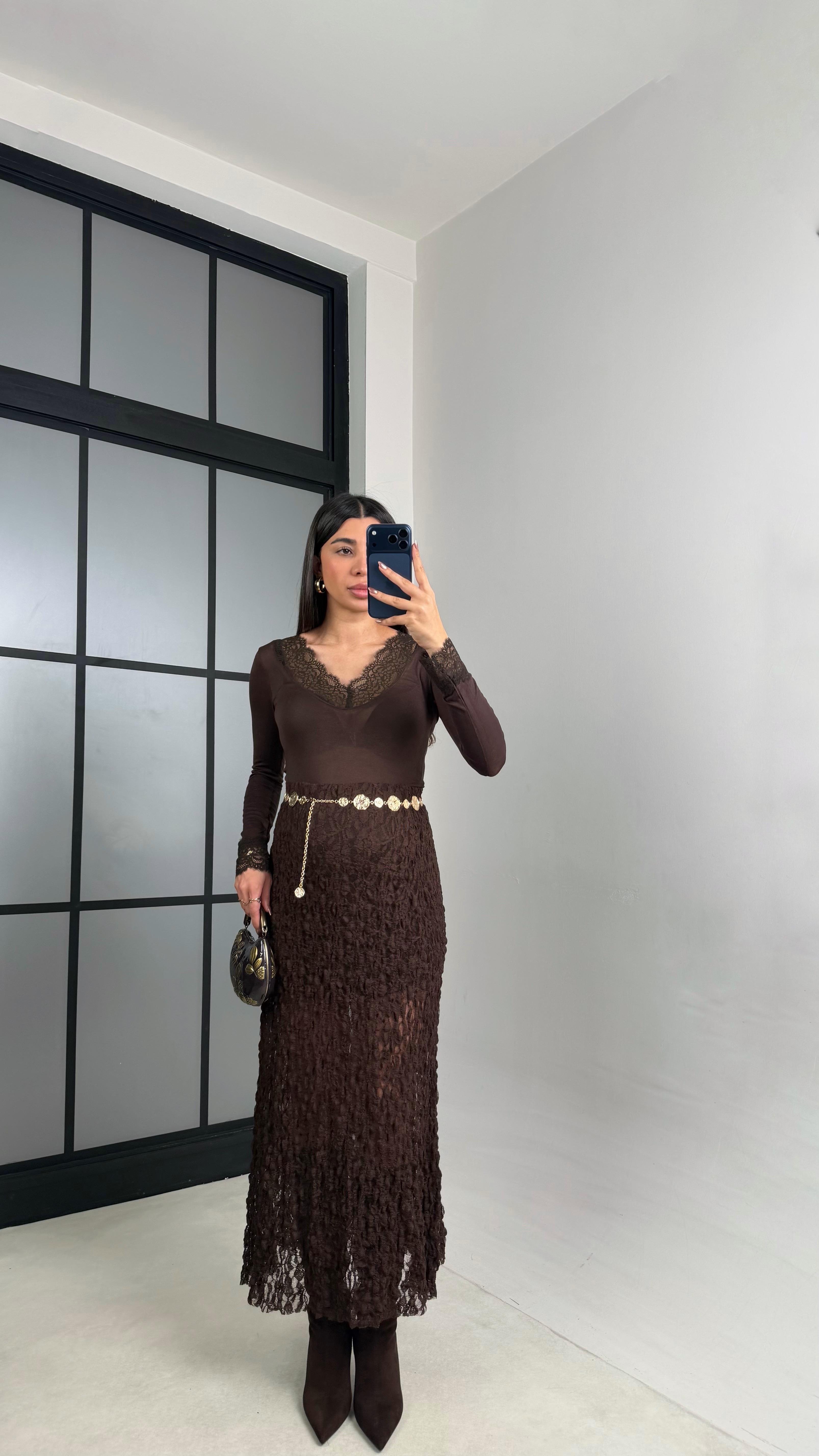 Acı Kahve Astarlı Dantel Etek GAUS-01085GAUSETEKGAUS-01085