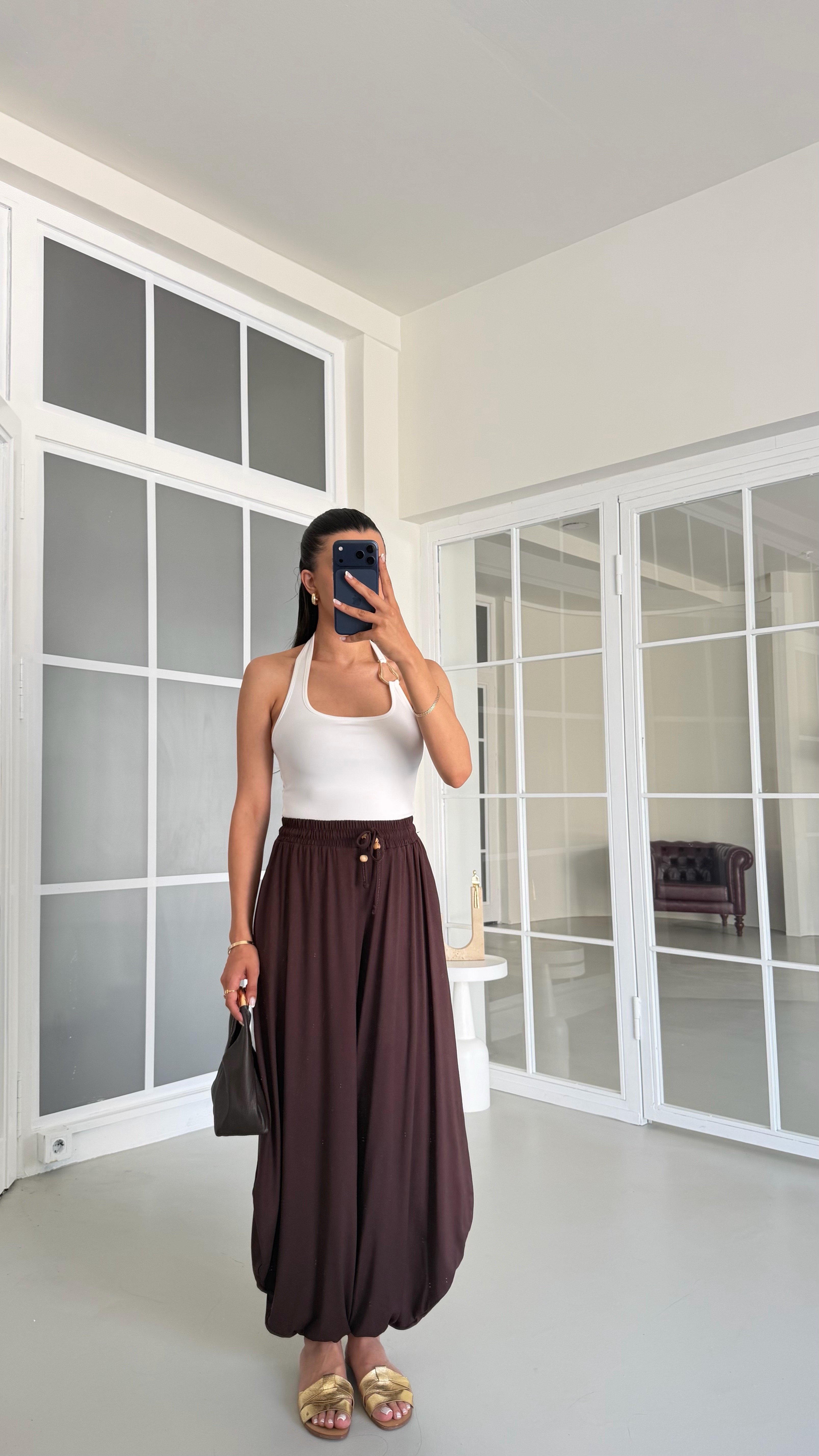 Kahve Boncuk İpli Modal Kumaş Şalvar Pantolon GAUS-01676GAUSPANTOLONGAUS-01676