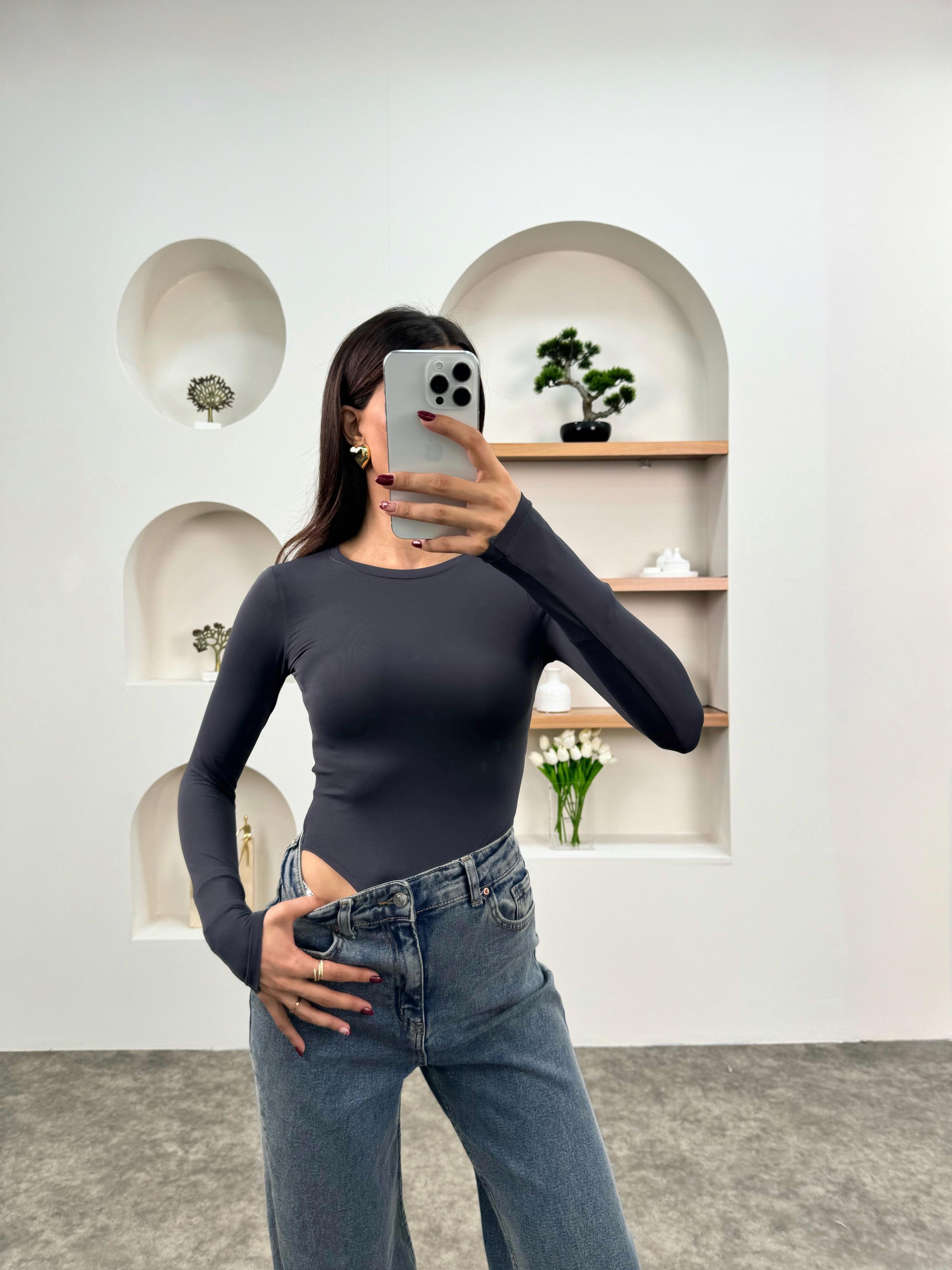 Antrasit Bisiklet Yaka BodysuitGausBODYSUİTGU00903522