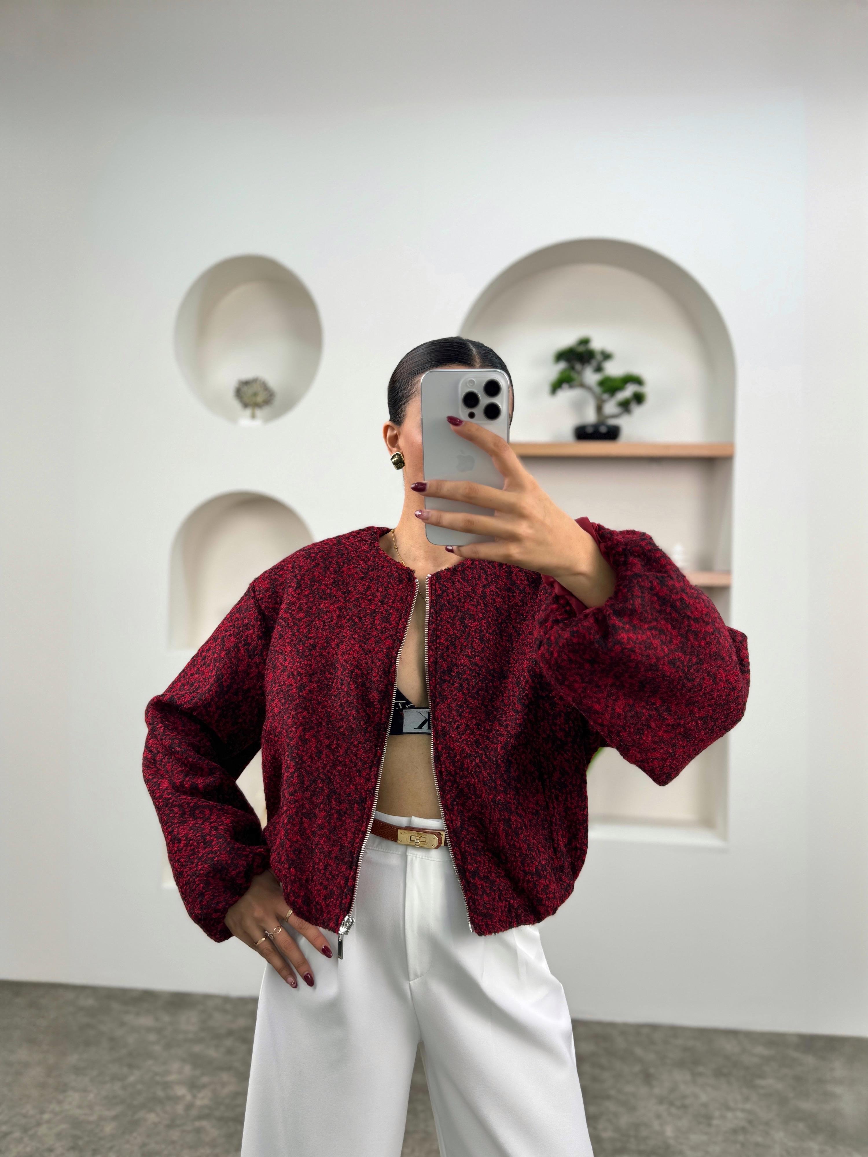 Betty Bordo ZR Model Balon Kollu Astarlı Kaşe Bomber Ceket