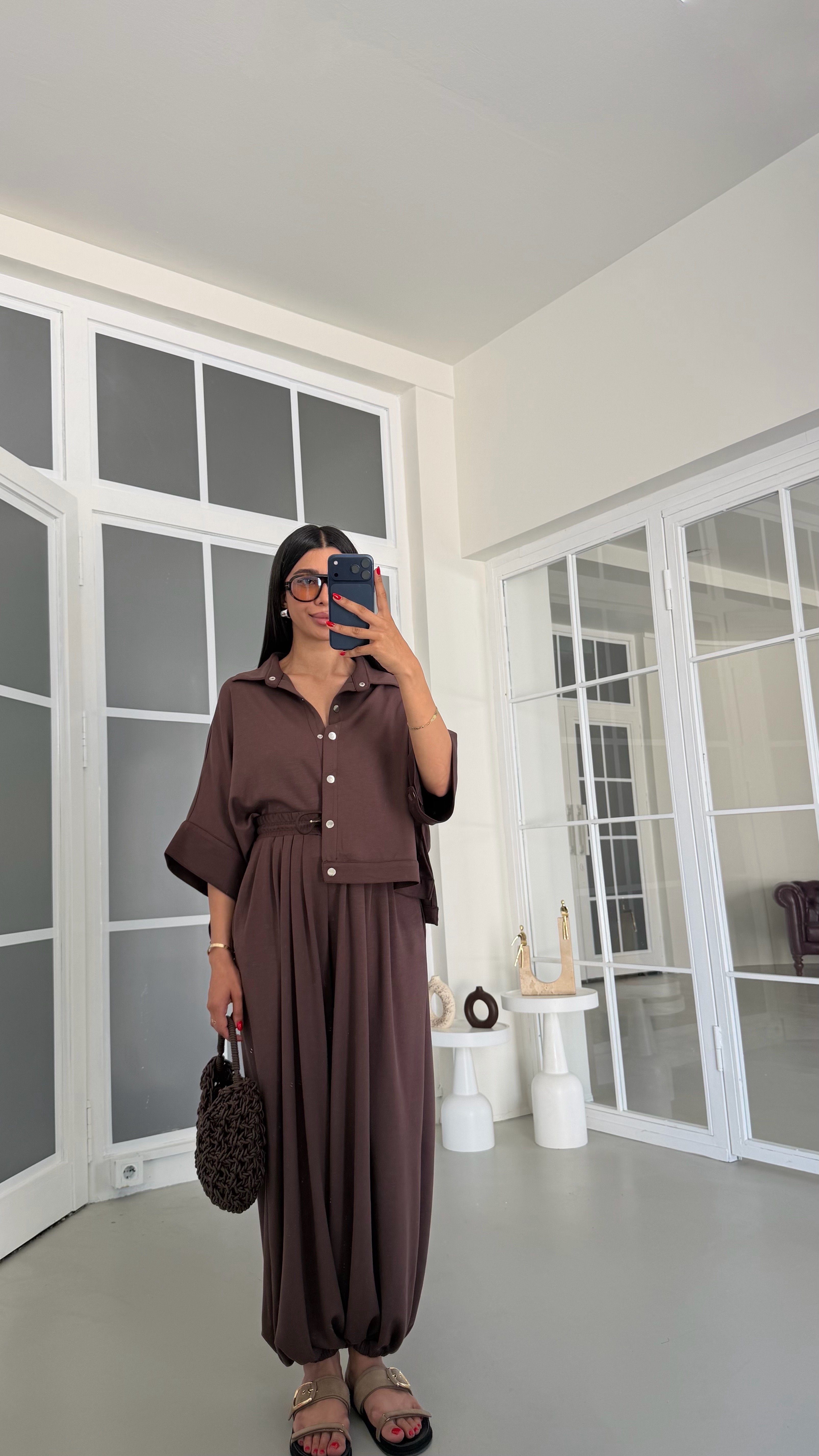 Kahve Yarasa Kol Çıtçıt Düğmeli Ceket Beli Lastikli Şalvar Pantolon İkili Modal Takım GAUS-01835GAUSSuitsGAUS-01835