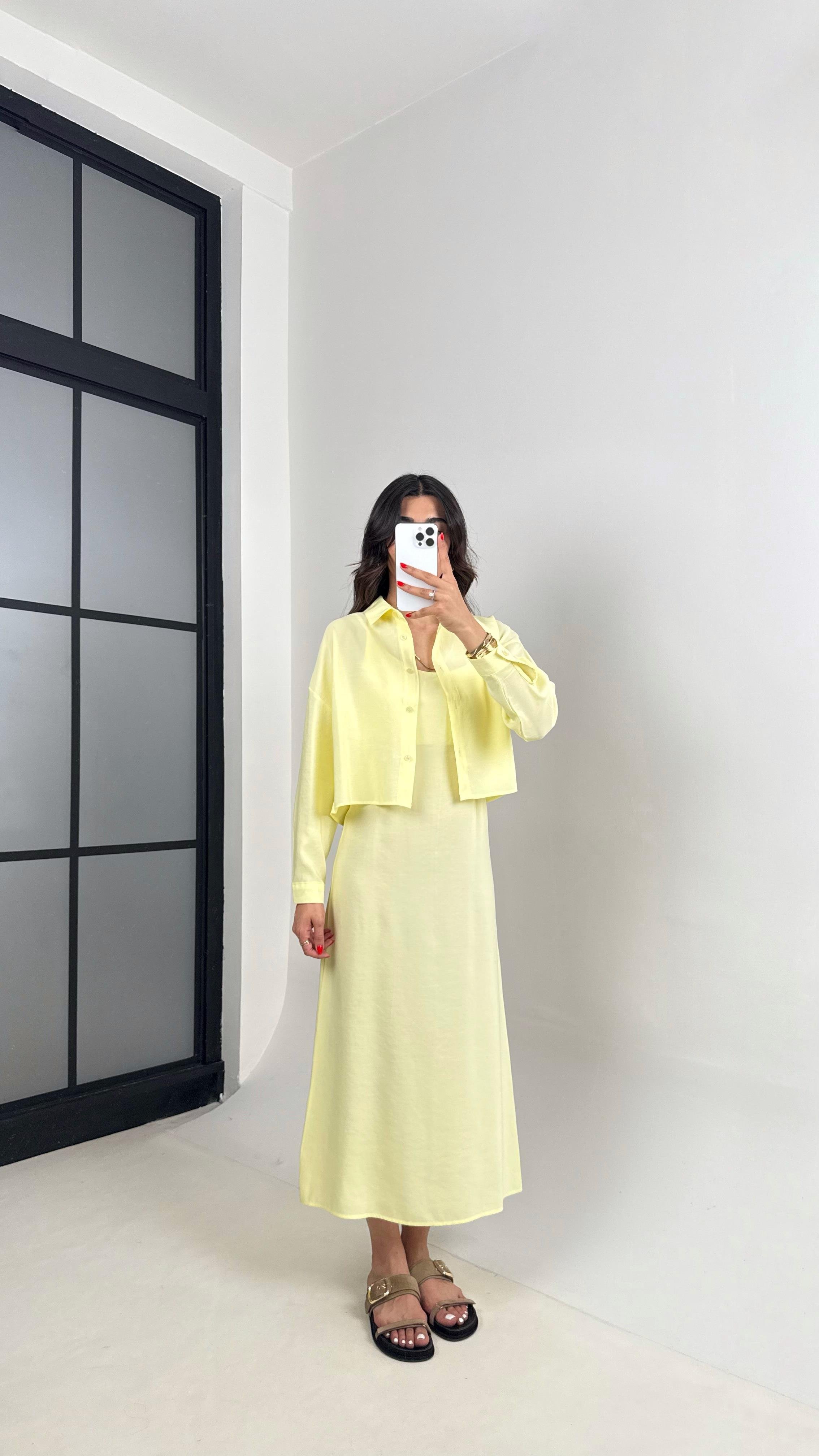 Sarı Ayarlanabilir Askılı Elbise Gömlek İkili Tensel Takım Gaus00467GausTAKIMGU1002093