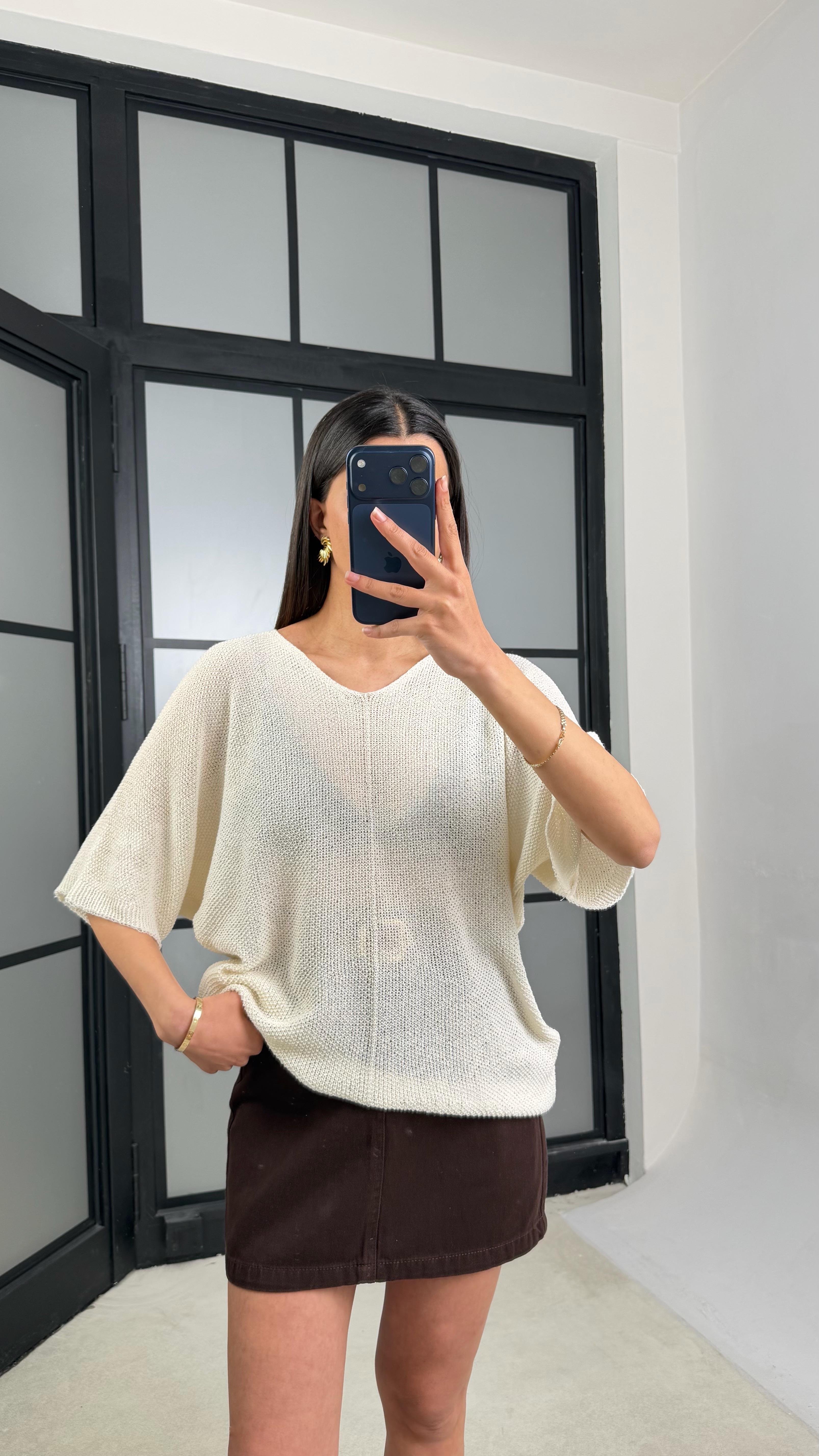 Krem Yarasa Kol Ajurlu Triko Bluz GAUS-01443GAUSBLUZGAUS-01443