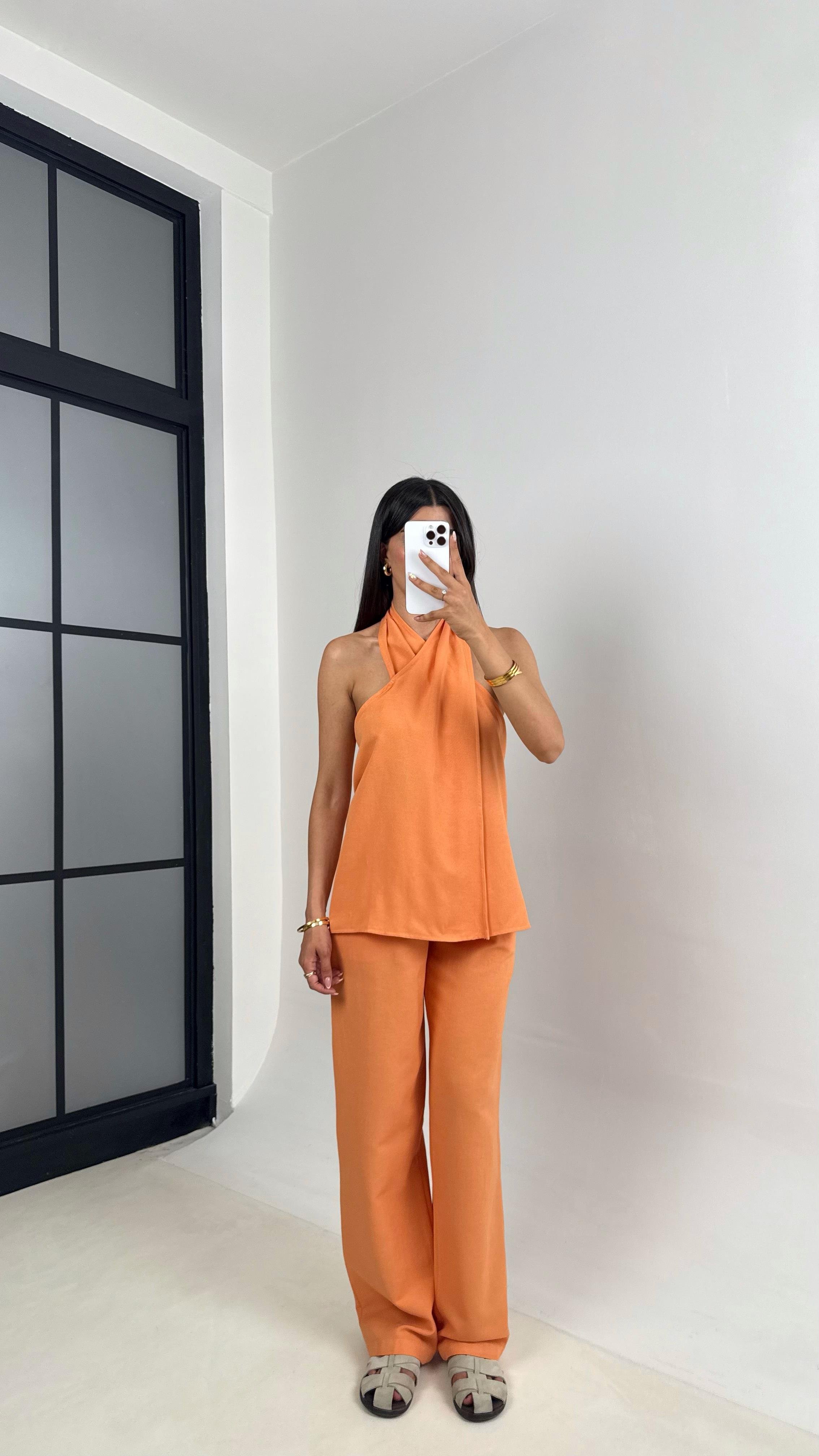 Somon Boyundan Bağlamalı Bluz Cepli Pantolon Tasarım Keten Takım Gaus00667GausTAKIMGU1002539