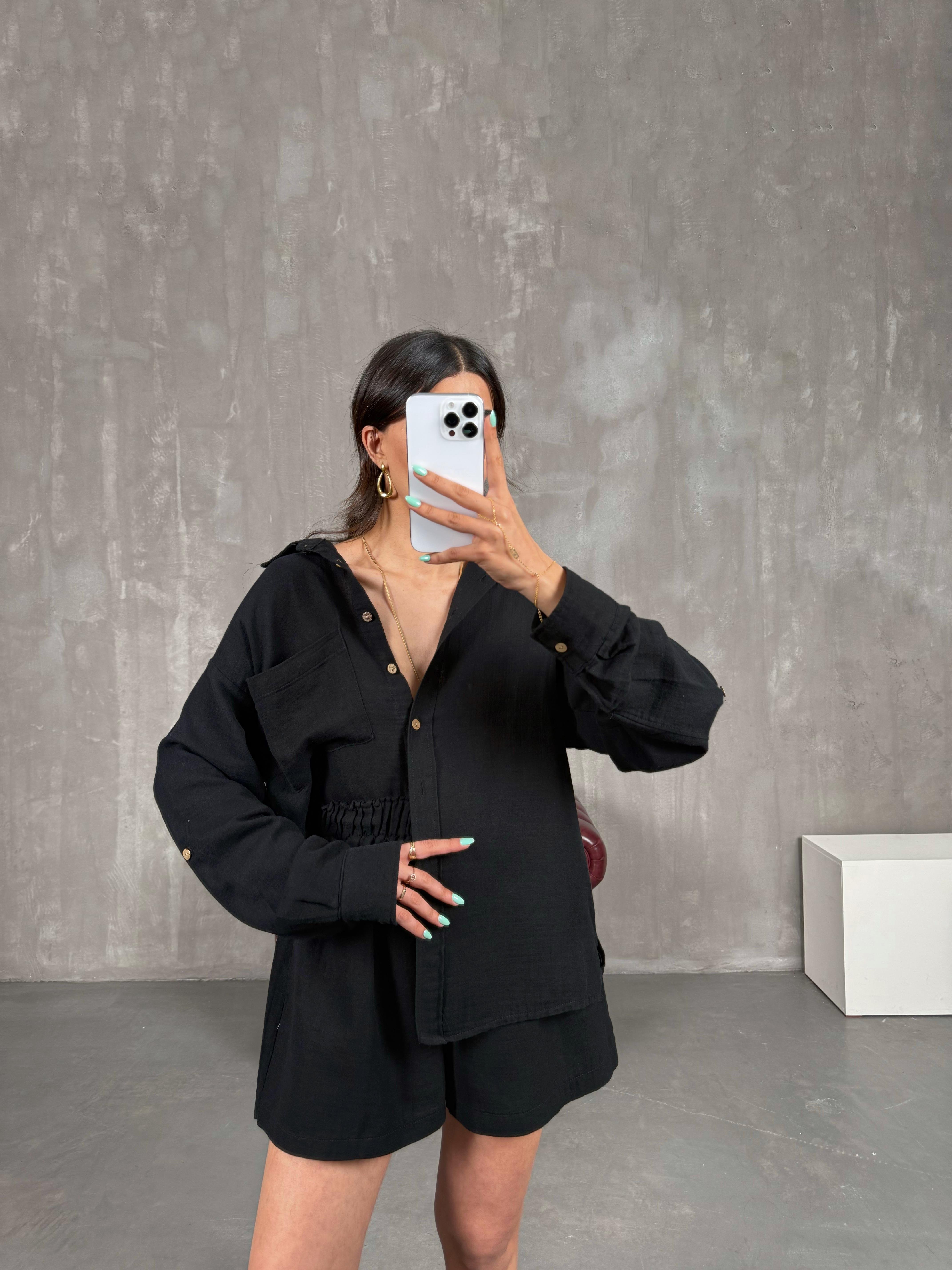 Siyah Cepli Gömlek Beli Lastikli Şort Takım Gaus00226GausTAKIMGU1001524