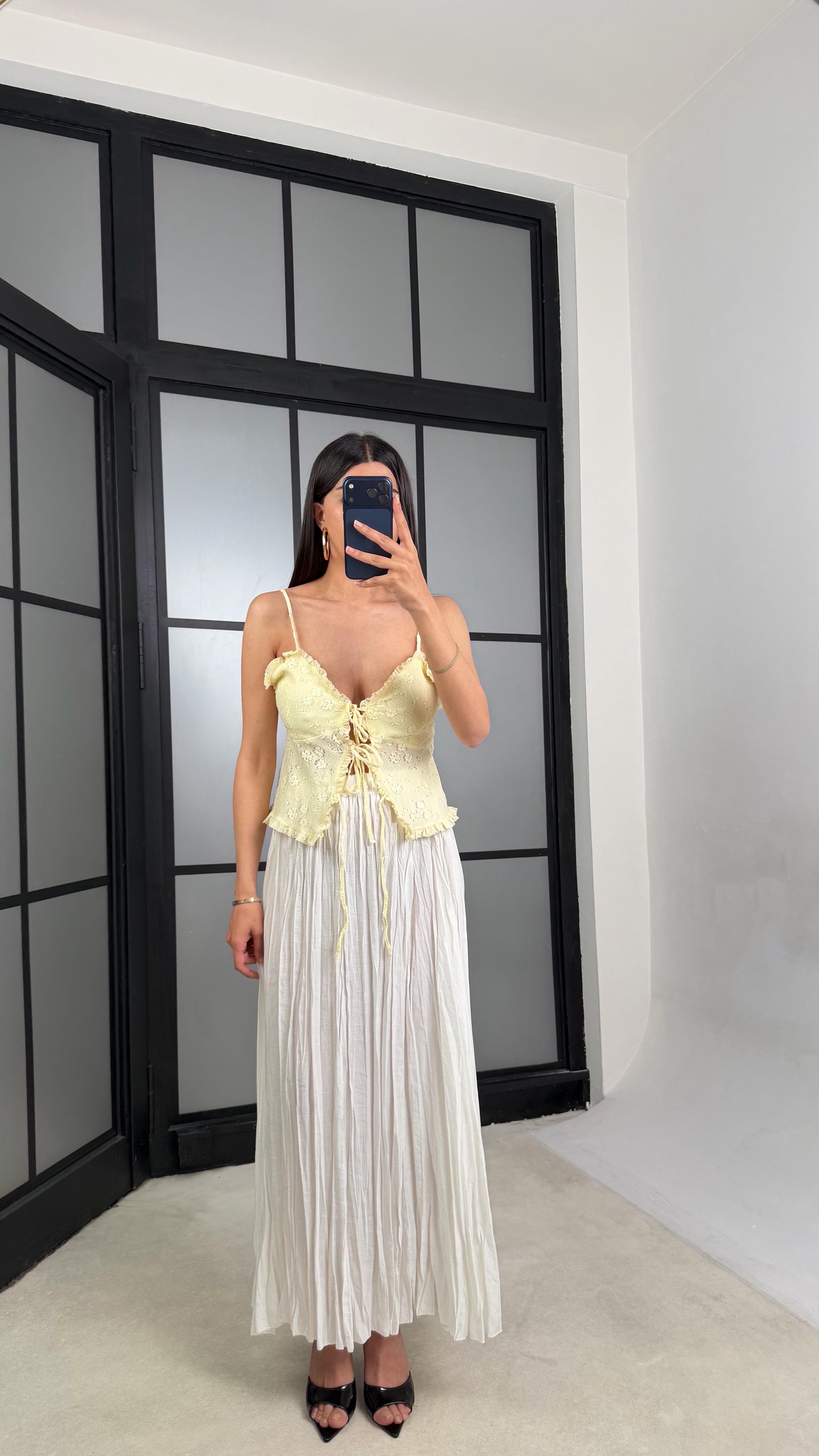 Ekru Beli Lastikli Kırışık Kumaş Etek GAUS-01320GAUSETEKGAUS-01320