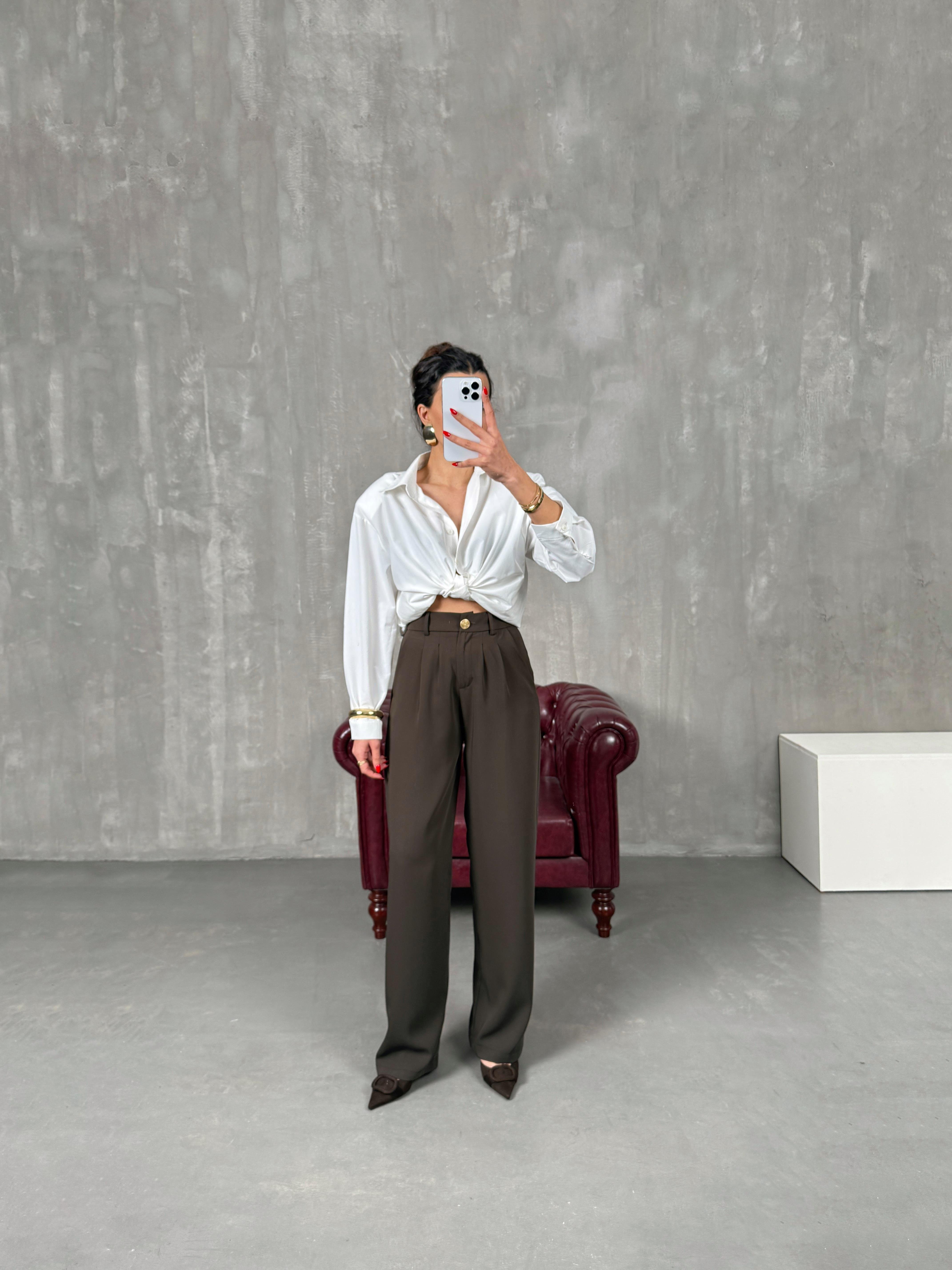 ساغورا بنطال بني بريميوم مع جيب وخصر مطاطي