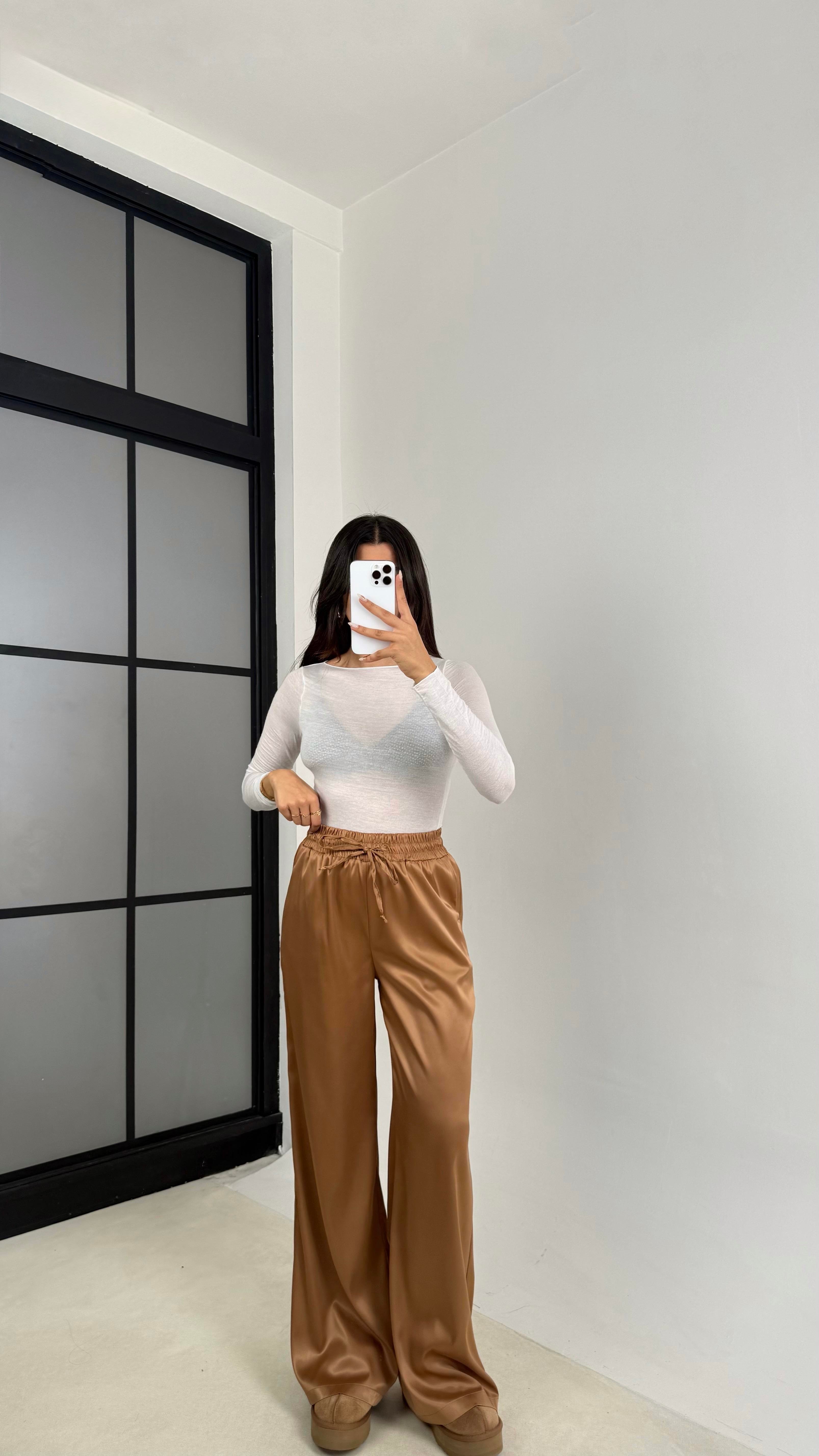 Kahve Beli Lastikli Cepli Saten Pantolon GAUS-0090GAUSPANTOLONGAUS-0090