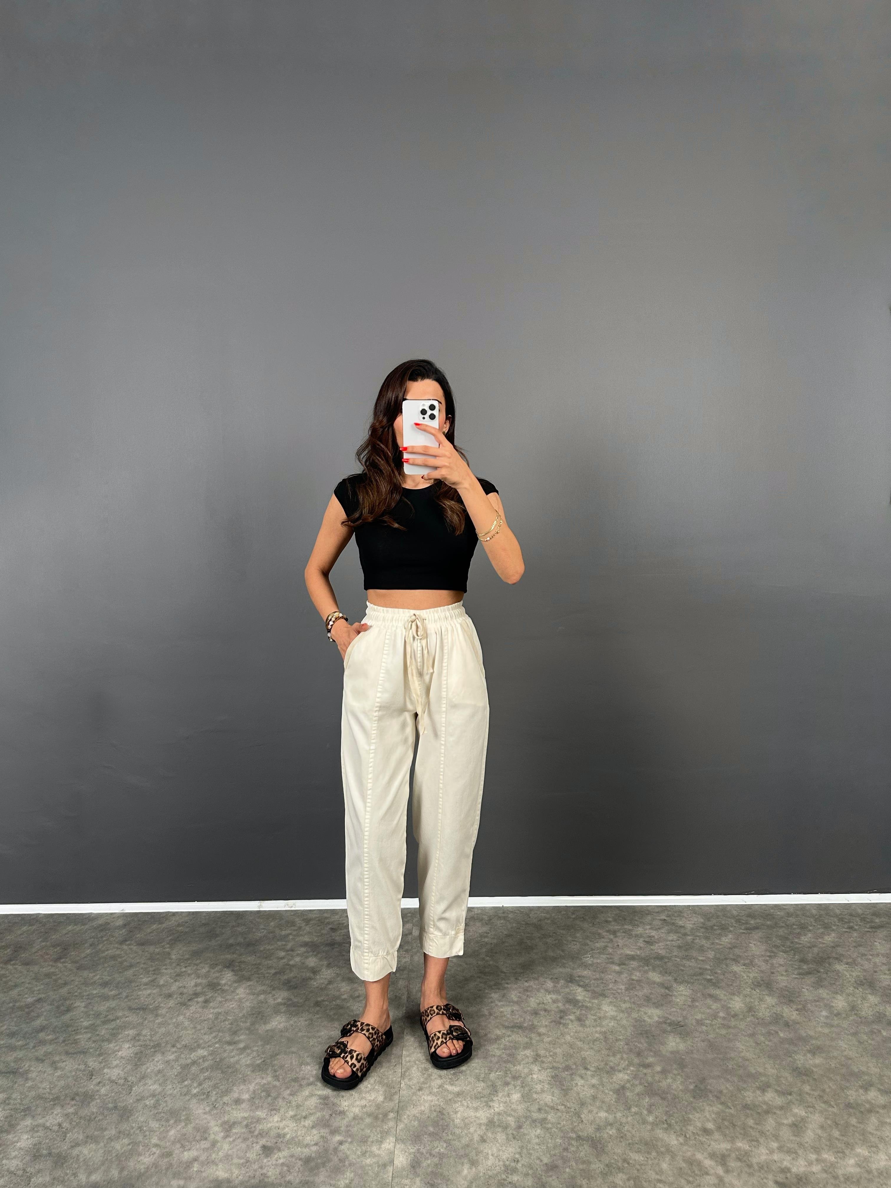 Rian Ekru Beli Lastikli Cepli Gabardin Pantolon