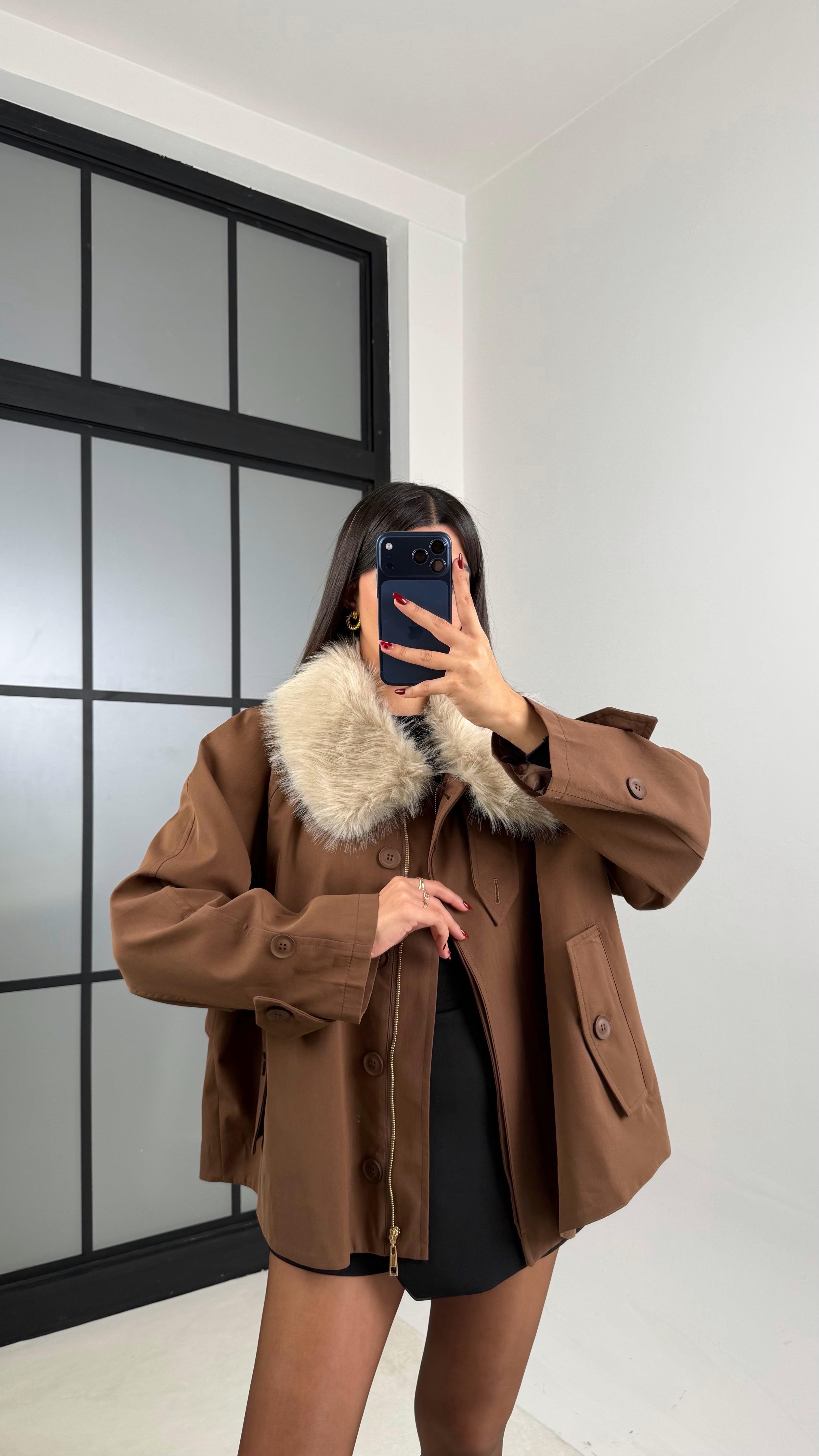 Kahve Yaka Kürk Detaylı Astarlı Trençkot GAUS-00660GAUSTRENÇKOTGAUS-00660