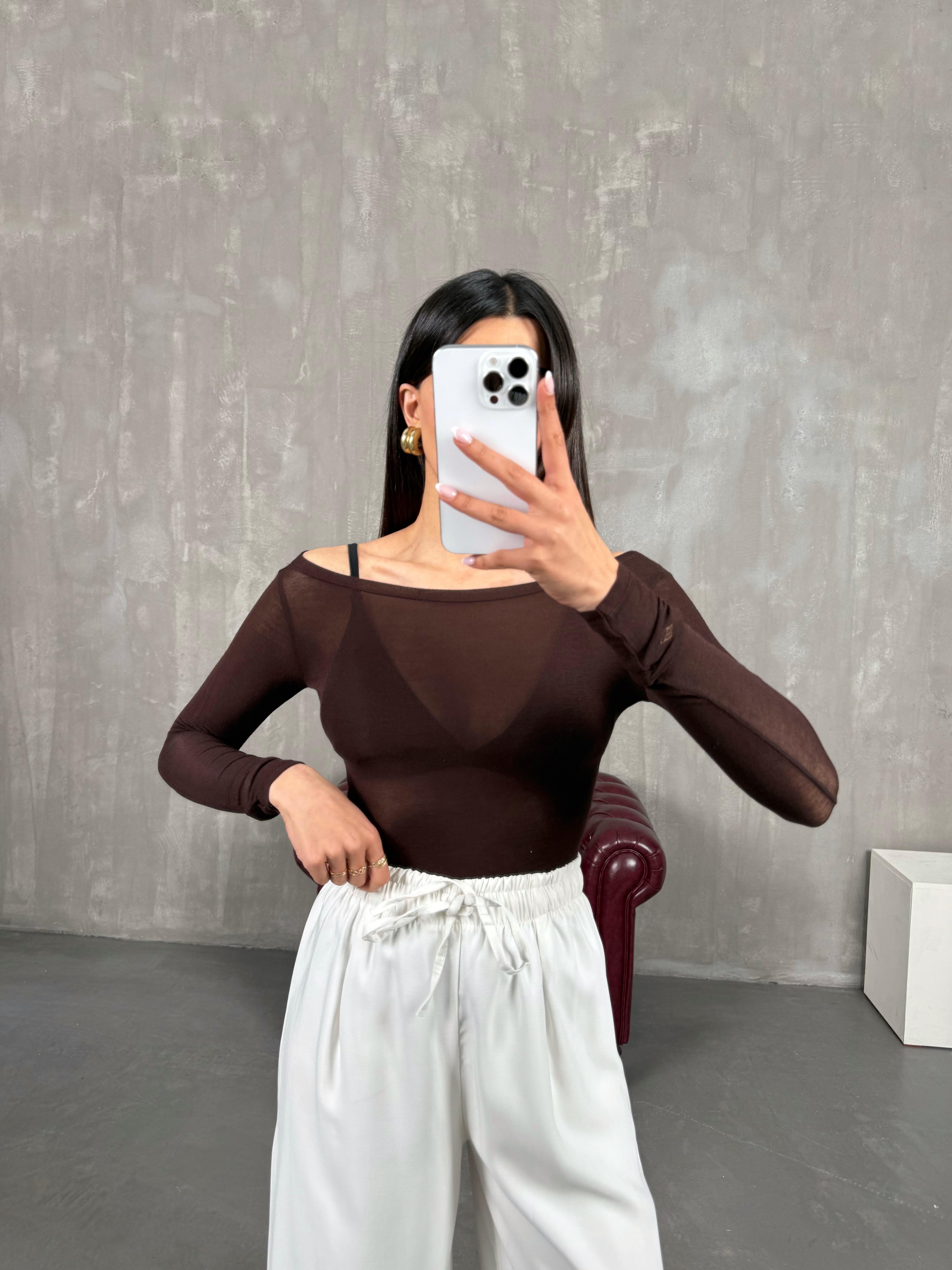 Kahverengi Transparan Kaşmir Dokulu Bluz Gaus00272GausBLUZGU1001629