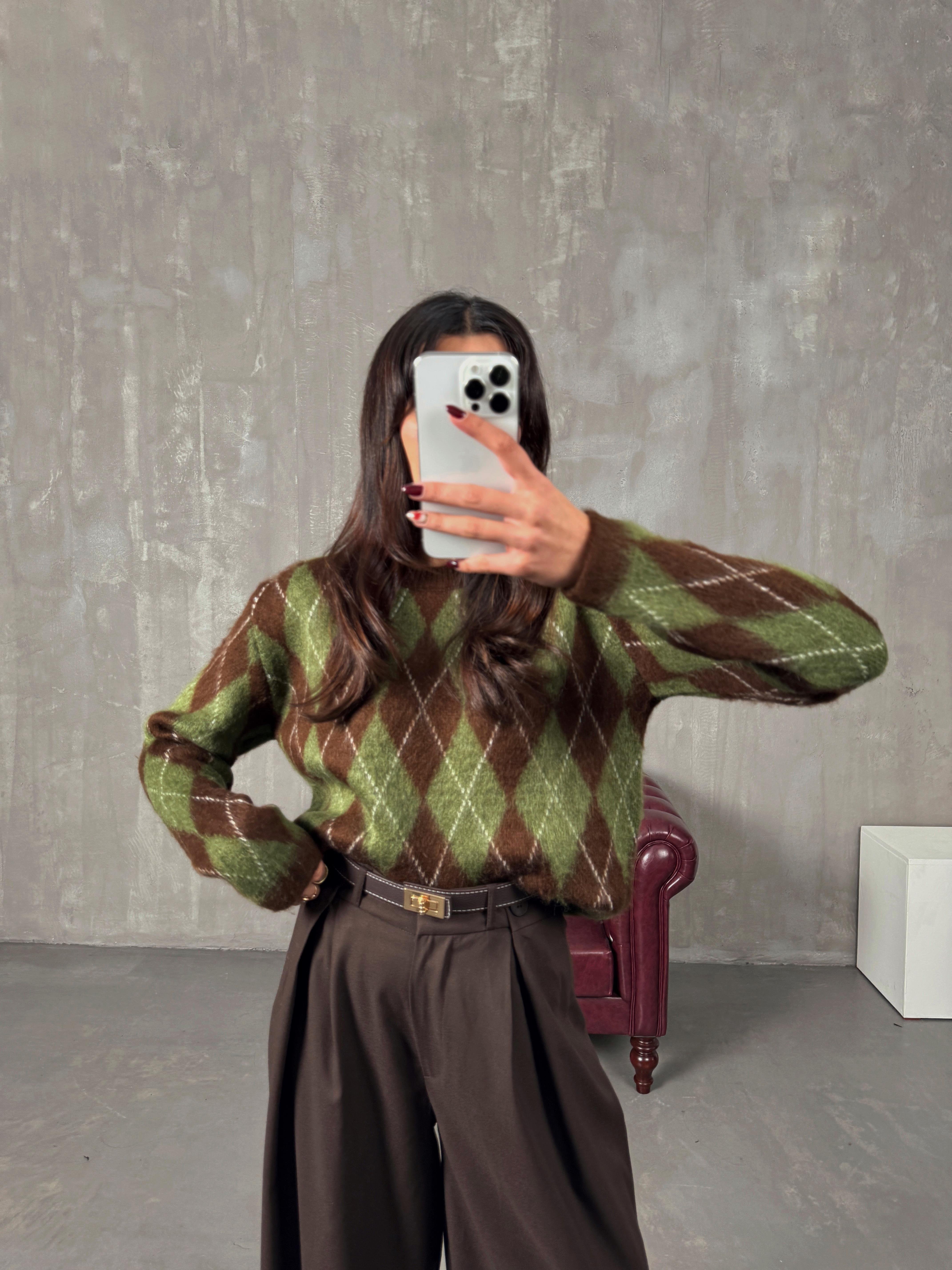 Booris Yeşil Kahve Baklava Desenli Kazak