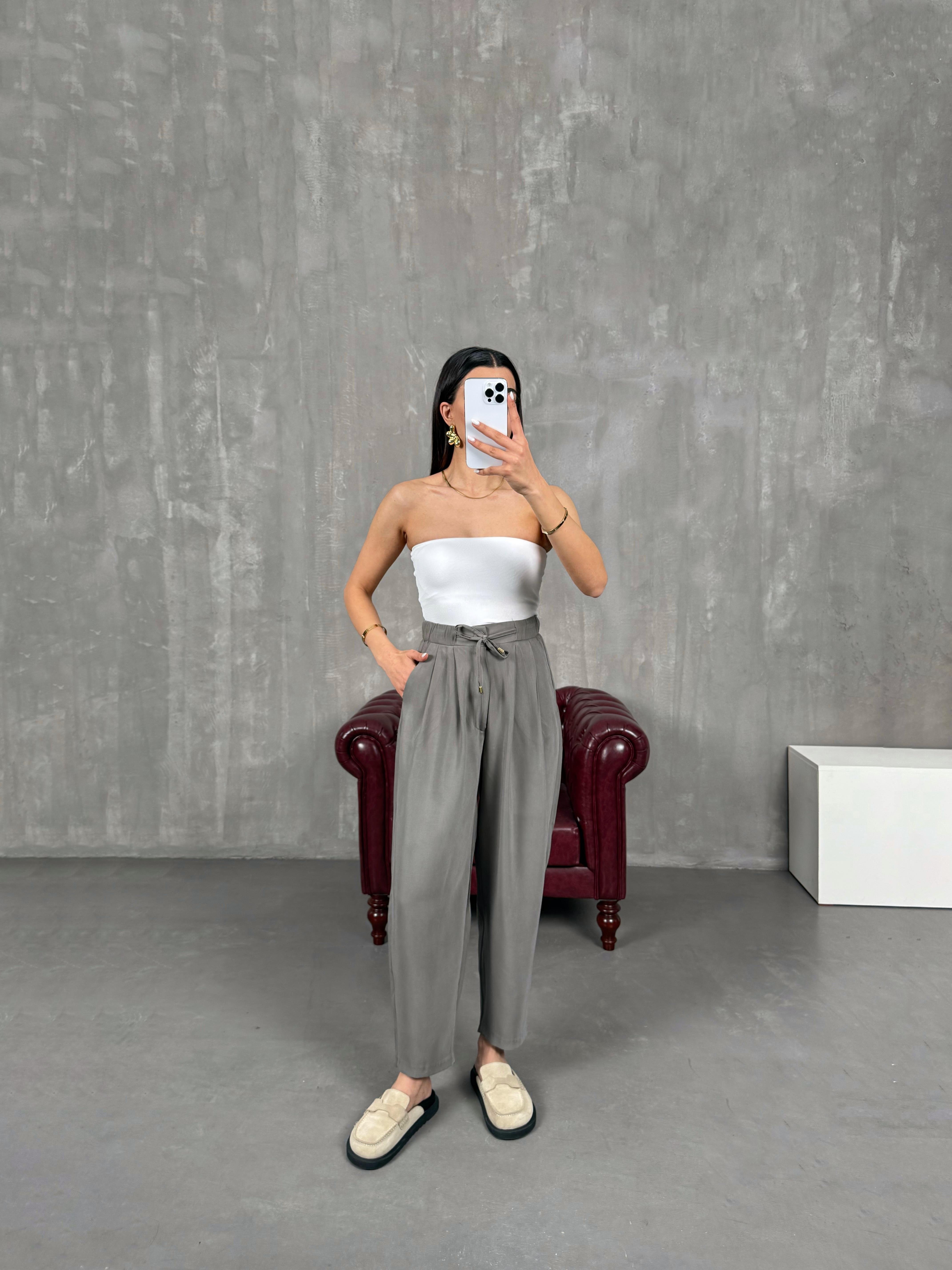 فيترا بنطلون شالوار موديل جزرة أخضر رمادي بتفاصيل رباط أمامي