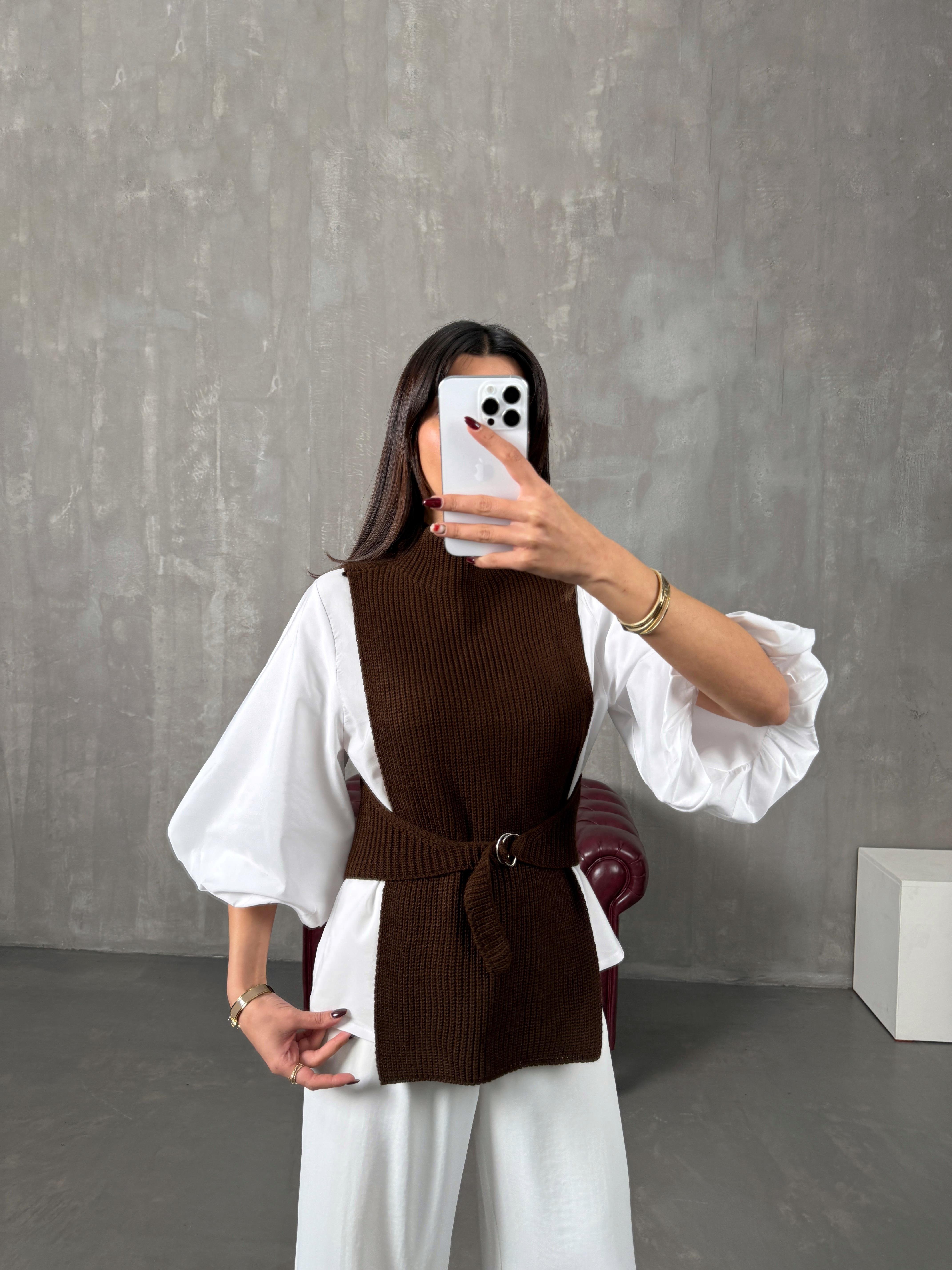 Raysa Kahve İkili Balon Kol Gömlek Triko Süveter