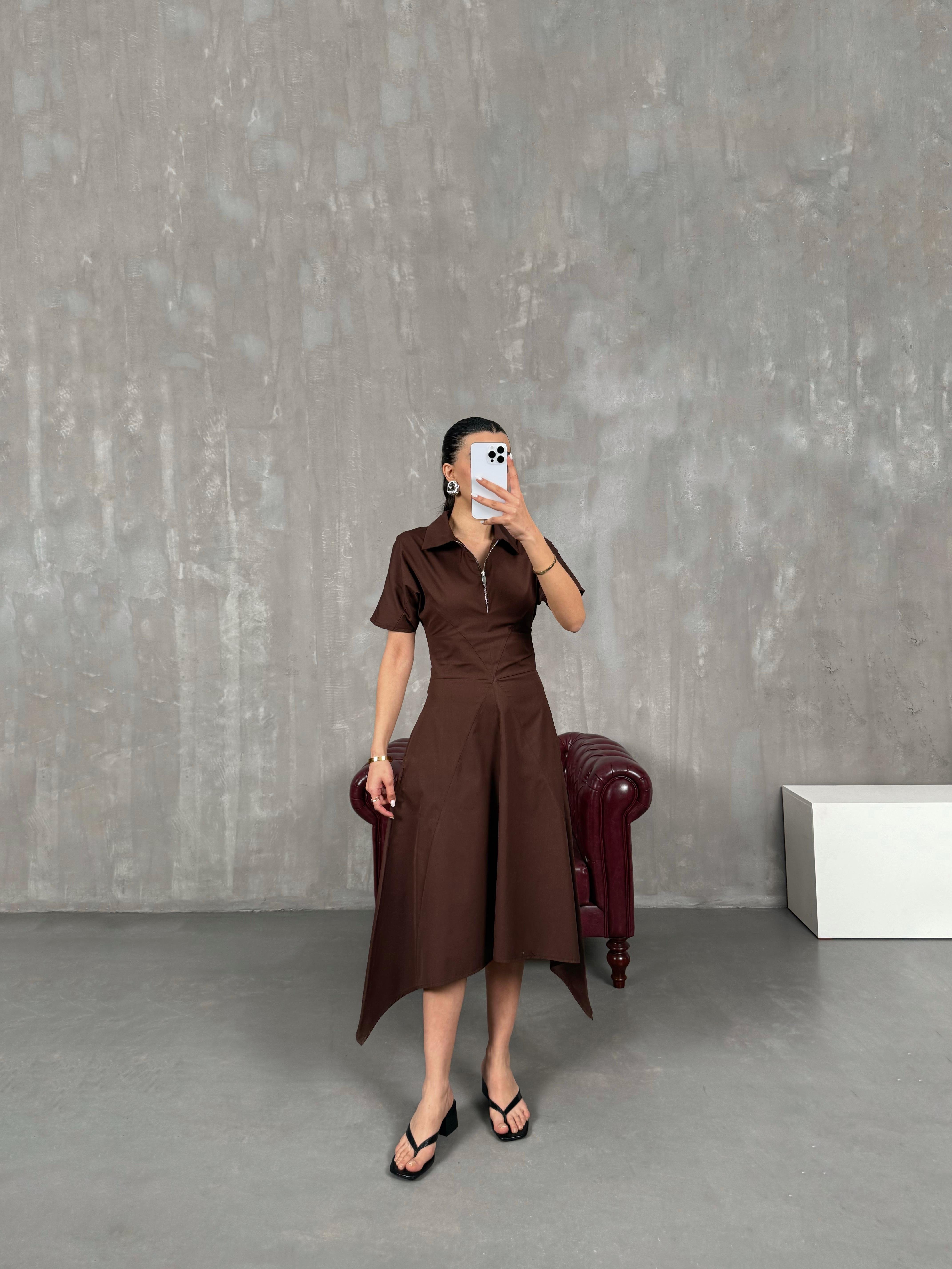 فستان مُعادل بني مع سحّاب وياقة قميص Gaus00021