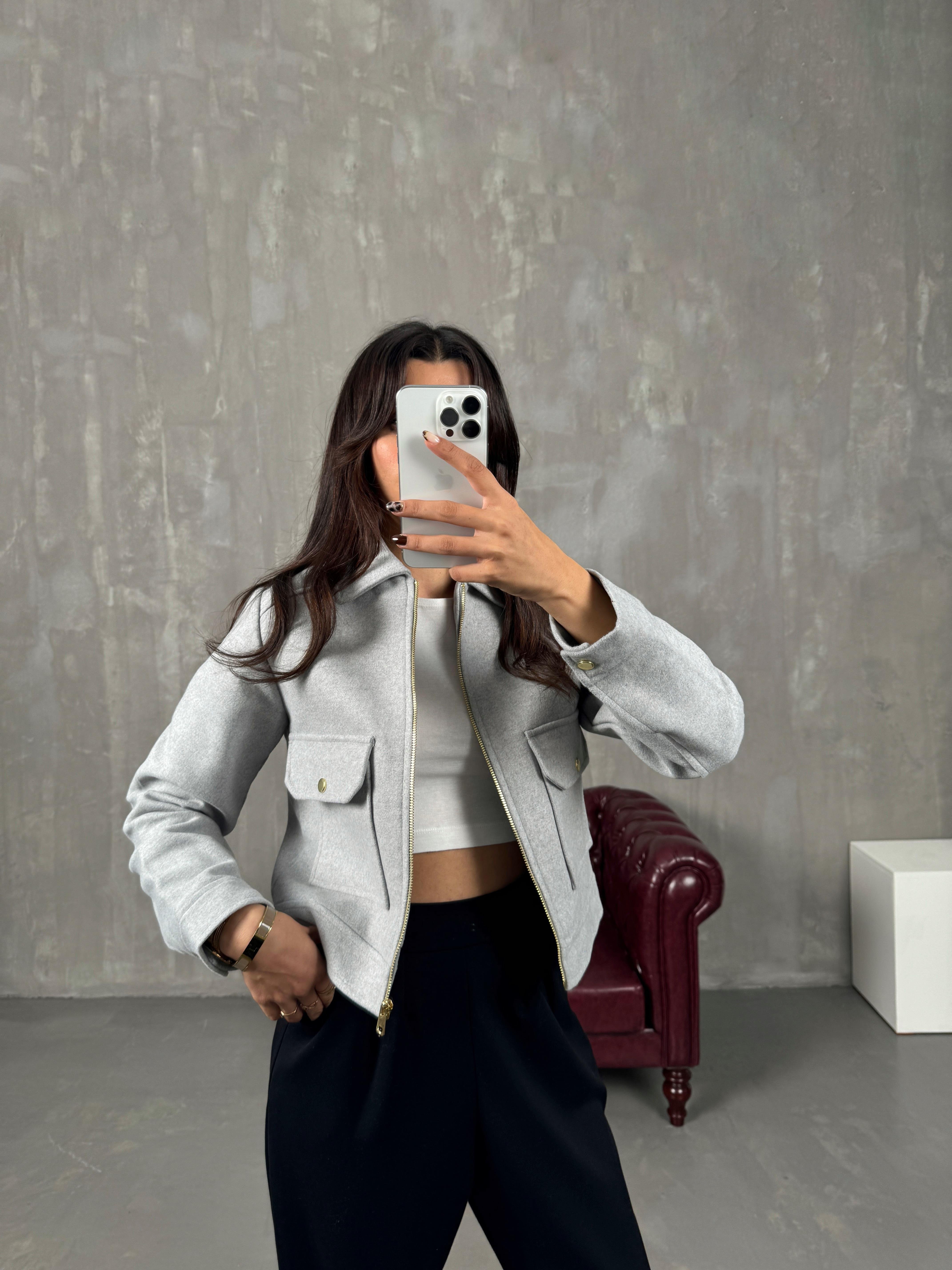 Ressa Gri Fermuarlı Astarlı Cepli Kaşe Muadil Ceket