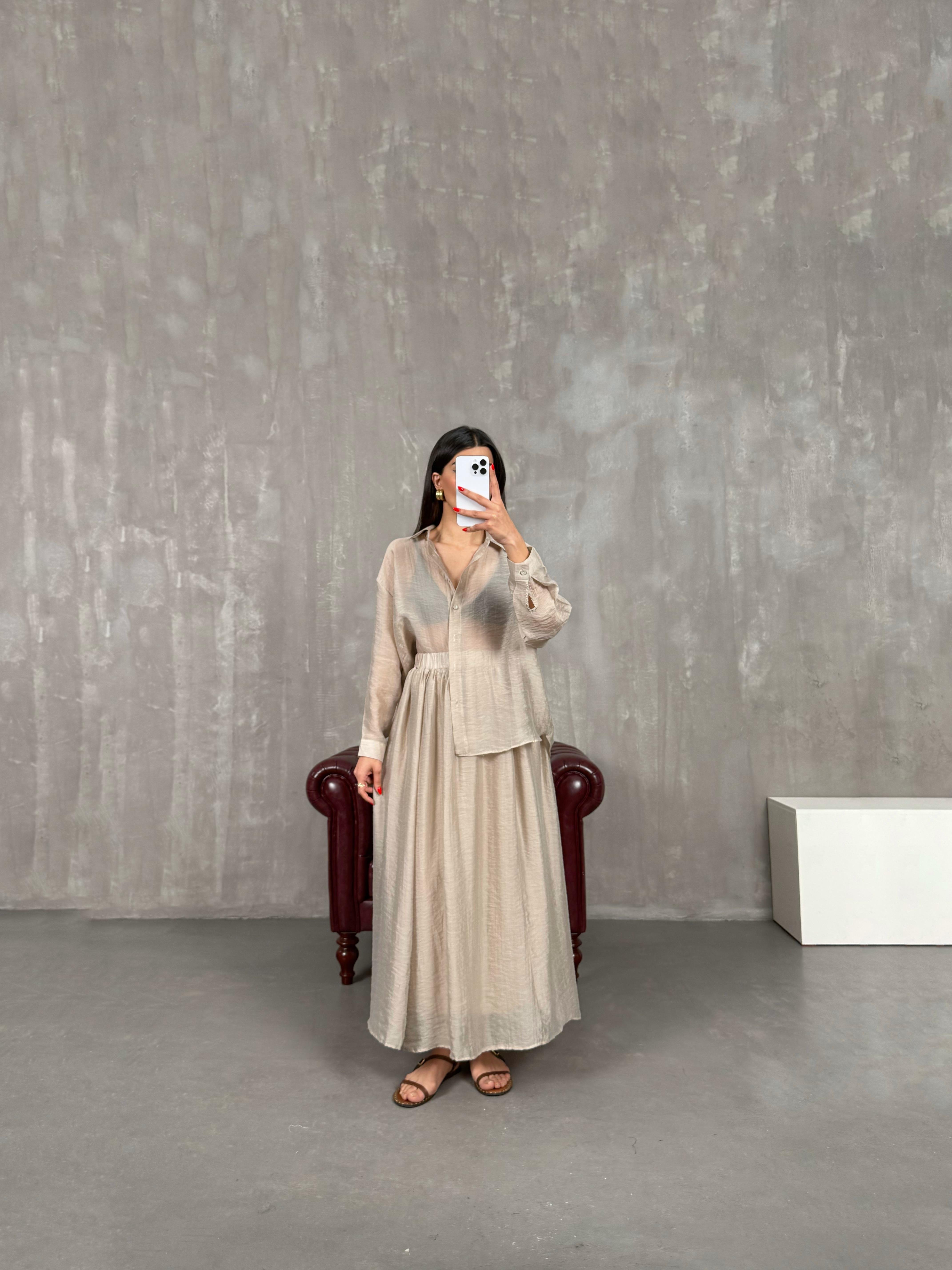 Taş Gömlek Astarlı Beli Lastikli Etek Kırışık Tensel Takım Gaus00158GausTAKIMGU1001365