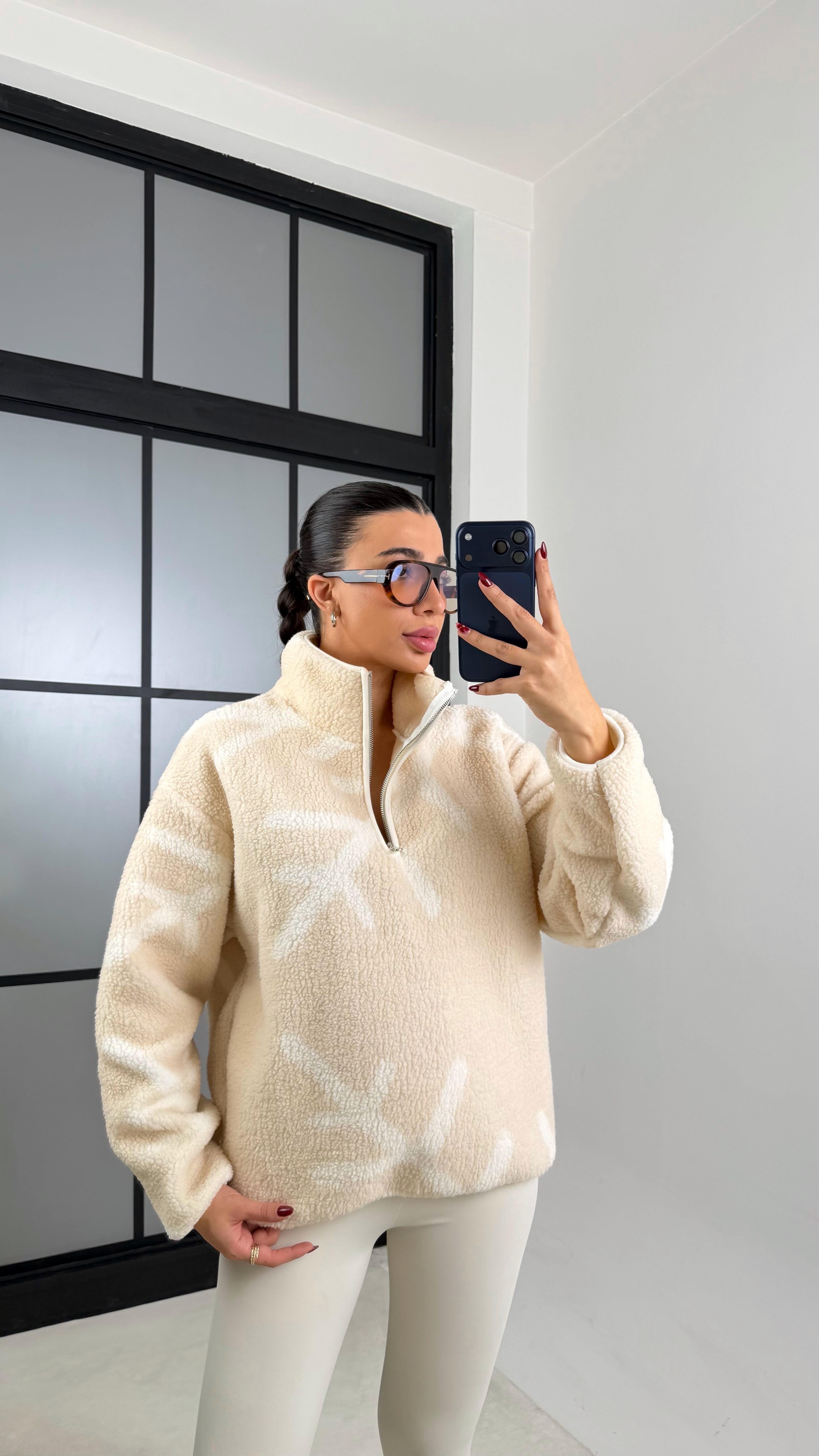 Bej Kar Tanesi Desenli Polar Sweatshirt GAUS-00724GAUSSWEATSHIRTGAUS-00724