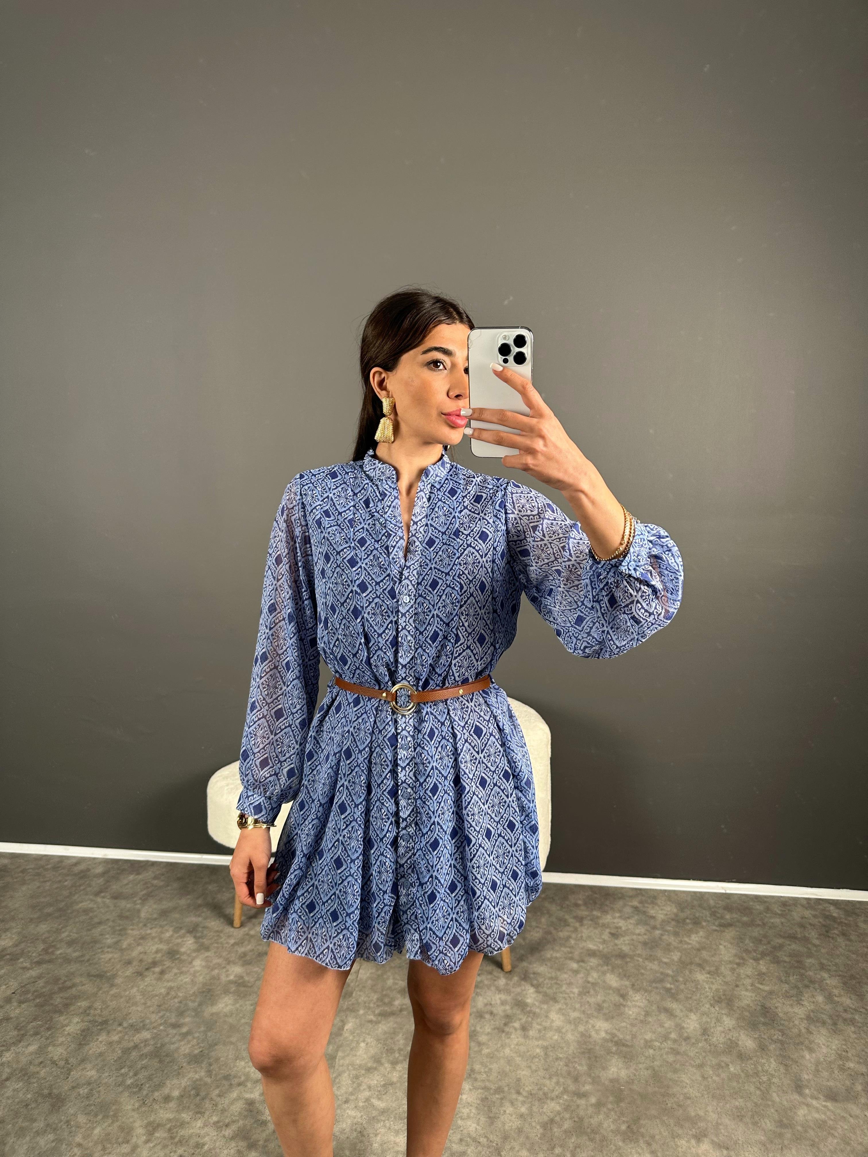 Mavi Desenli Kemerli Şifon ElbiseGausELBİSEGU007254