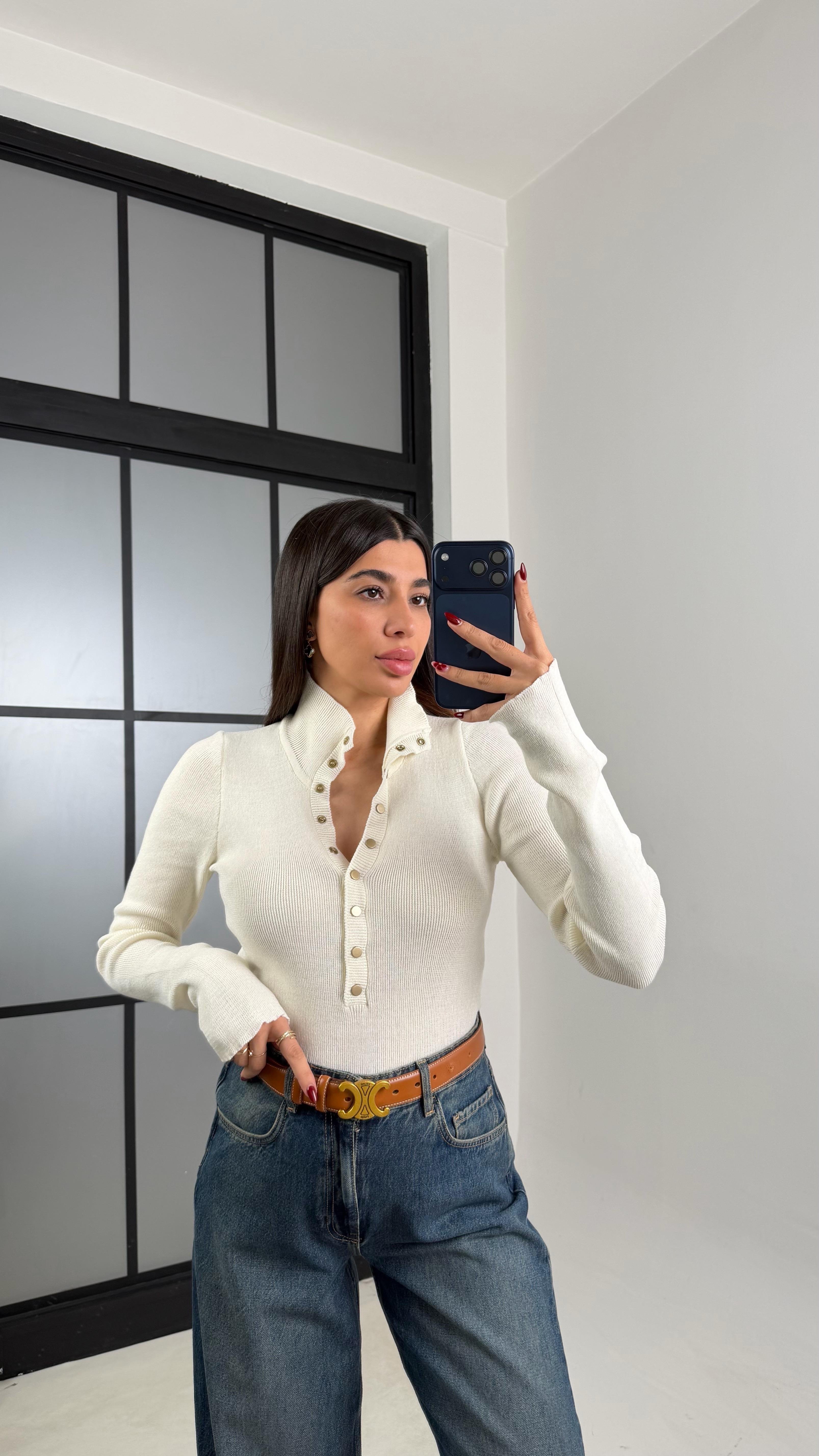 Ekru Çıtçıt Düğmeli Triko Kazak GAUS-00780GAUSKAZAKGAUS-00780