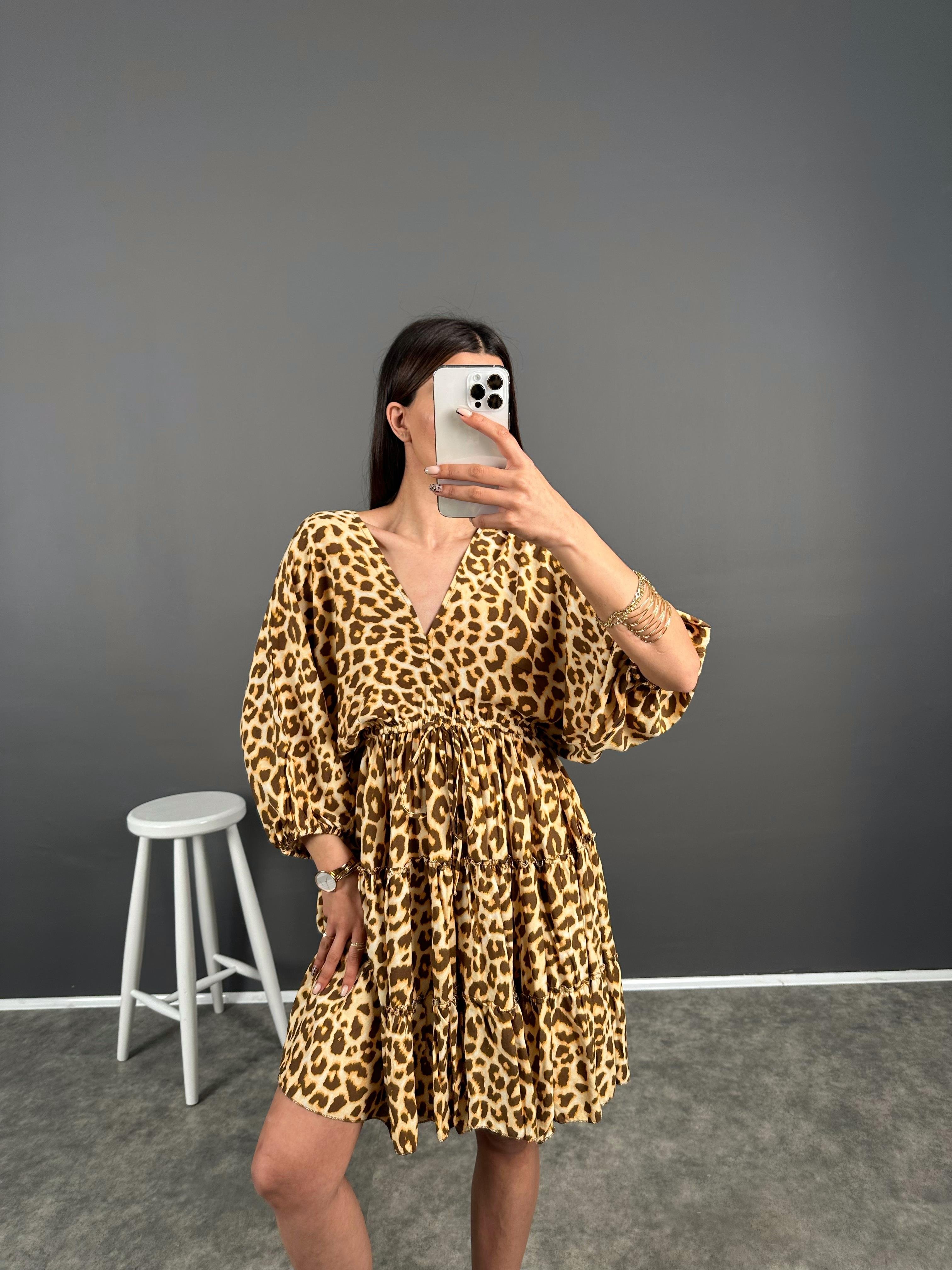 Leoparlı Ön Arka V Beli İpli Elbise GausELBİSEGU008084