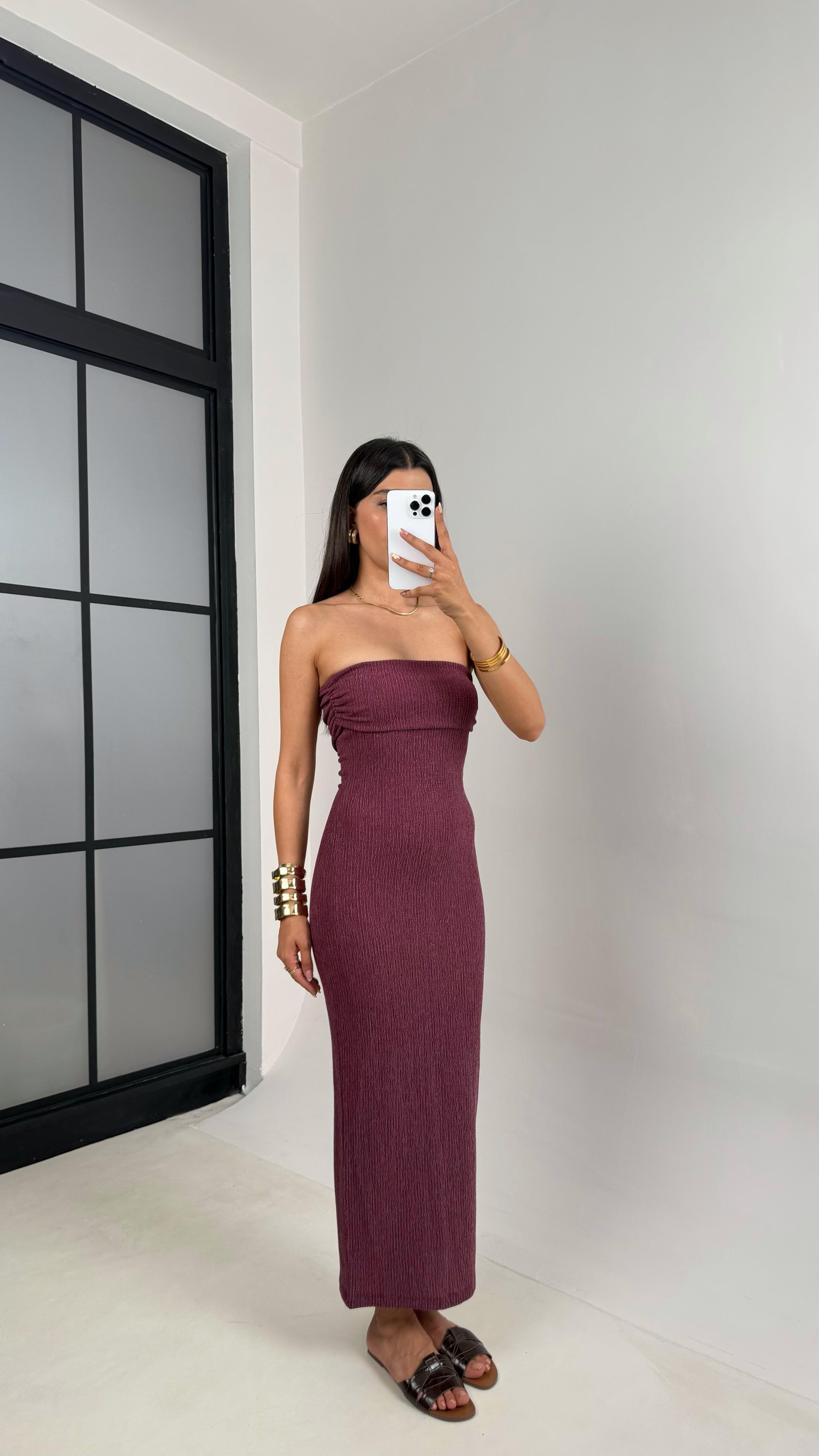 Mürdüm Straplez Yırtmaçlı Bürümcük Elbise Gaus00645GausELBİSEGU1002499