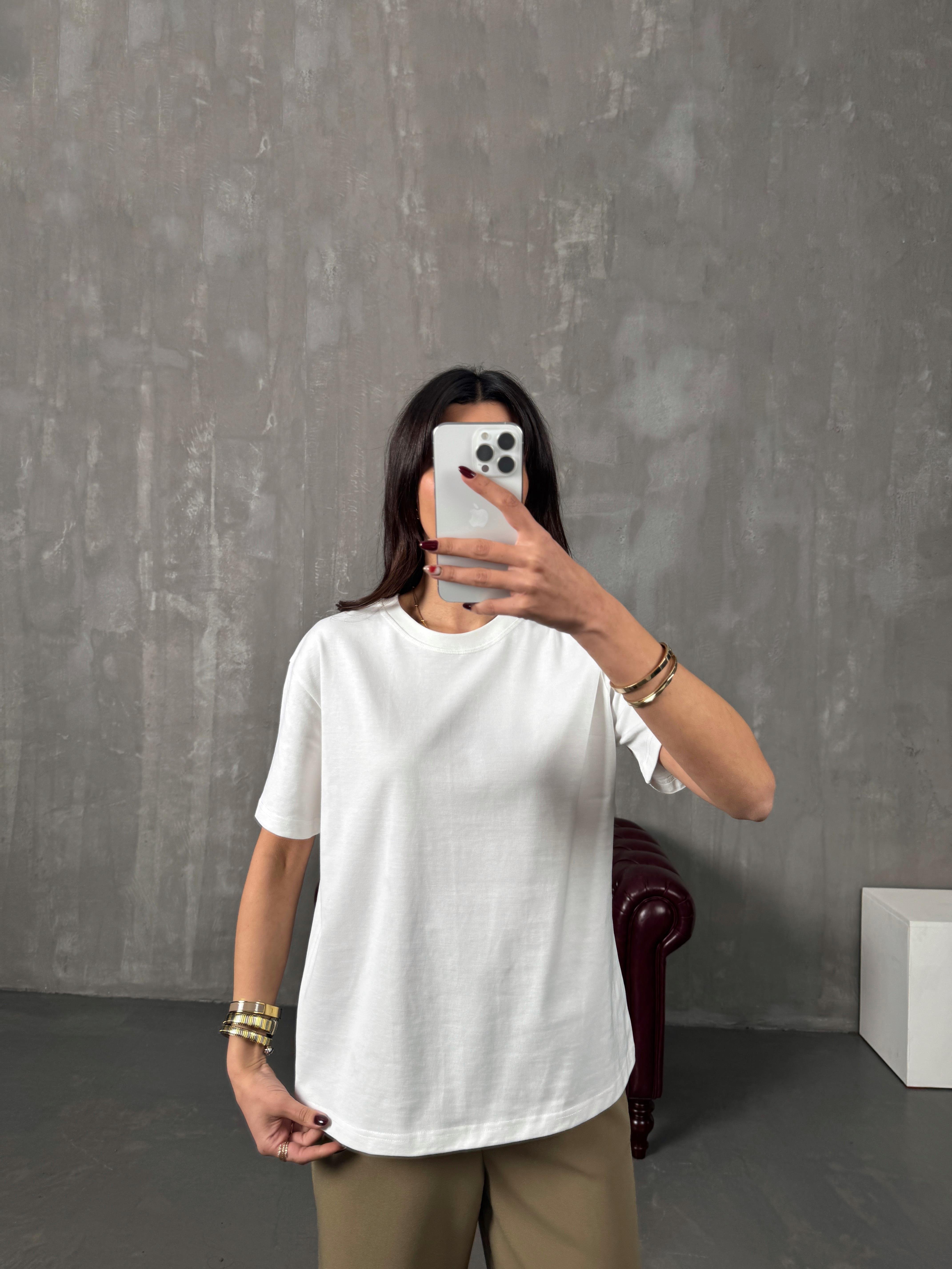 Tifi Beyaz Bisiklet Yaka Basic Tshirt