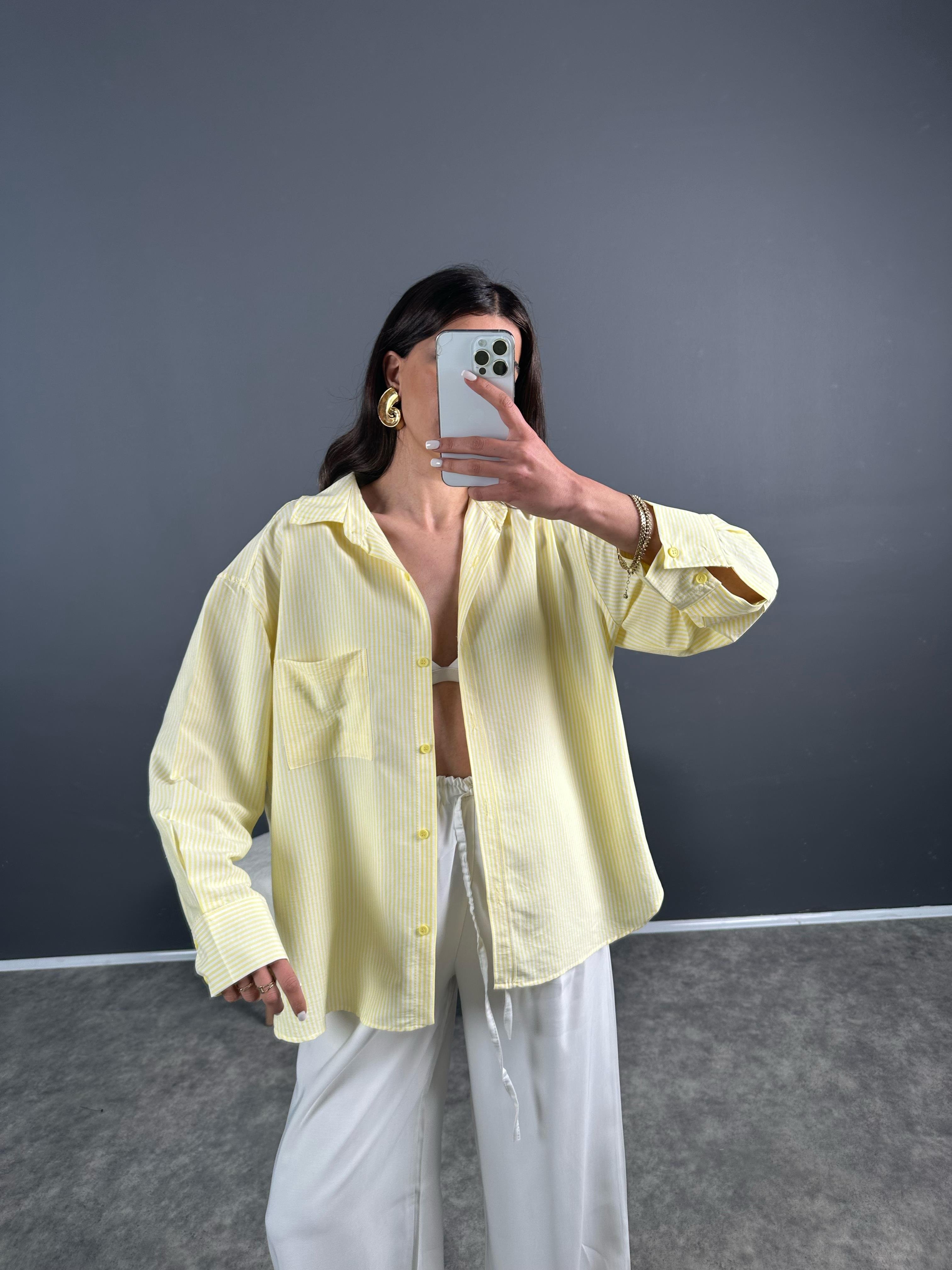 Sonho Sarı İnce Çizgili Oversize GömlekGausGÖMLEKGU007249