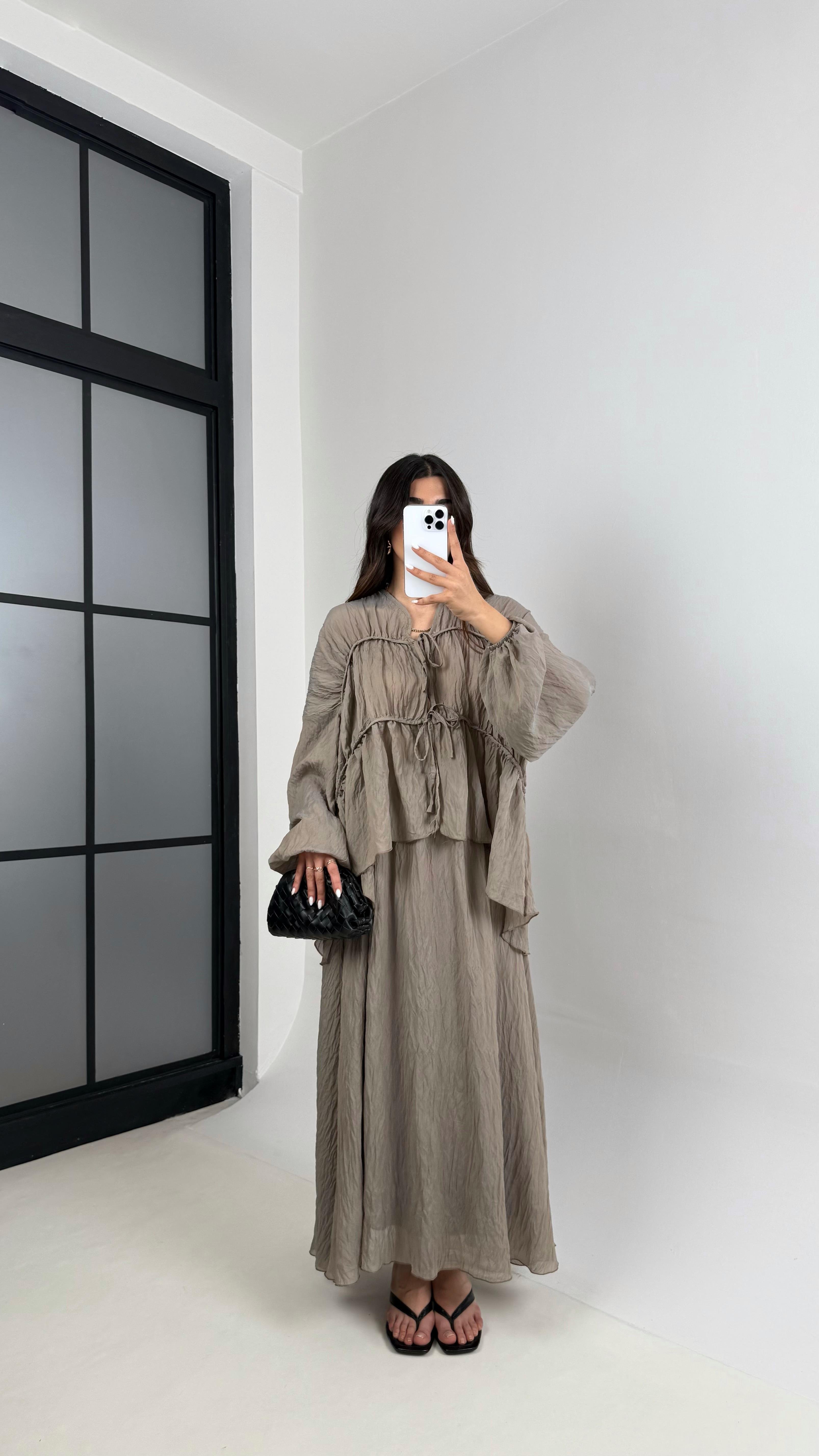 Haki Gipeli Önden Bağlamalı Üst Astarlı Etek İkili Kırışık Kumaş Takım Gaus00426GausTAKIMGU1001993