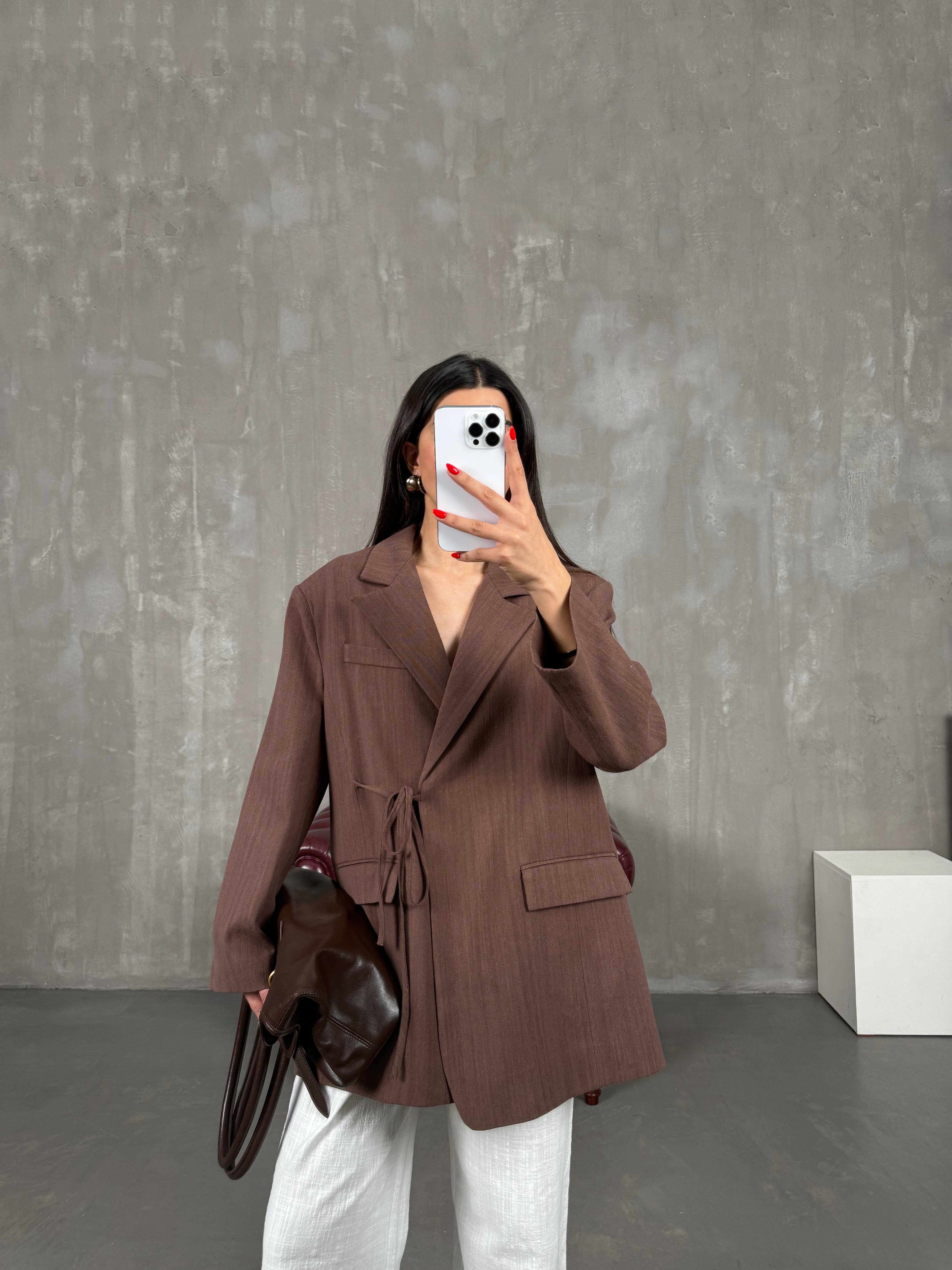 Kahve Astarlı Bağlamalı Keten Ceket Gaus00160GausCEKETGU1001368