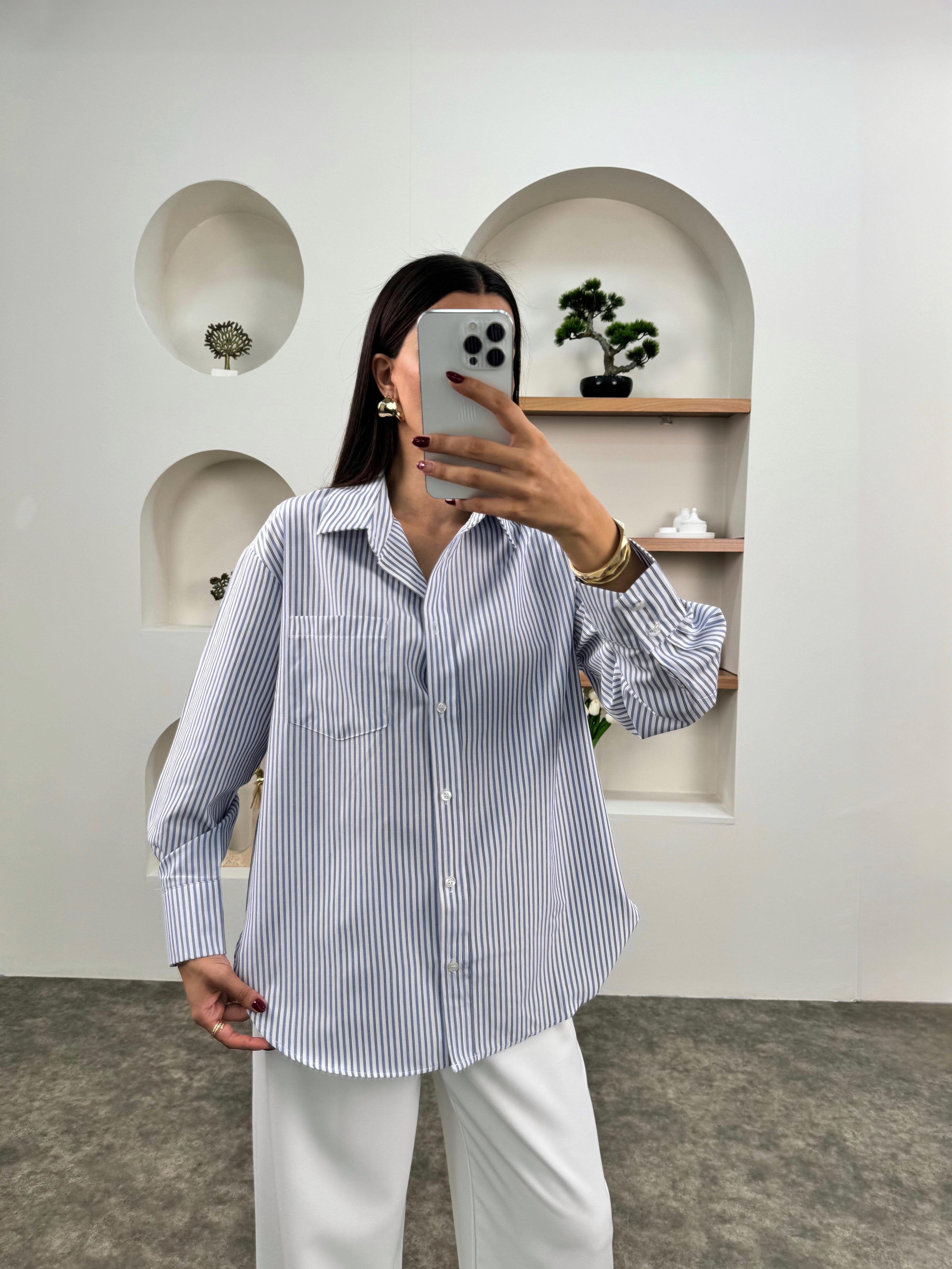 Lita Mavi Çizgili Oversize GömlekGausGÖMLEKGU00903481