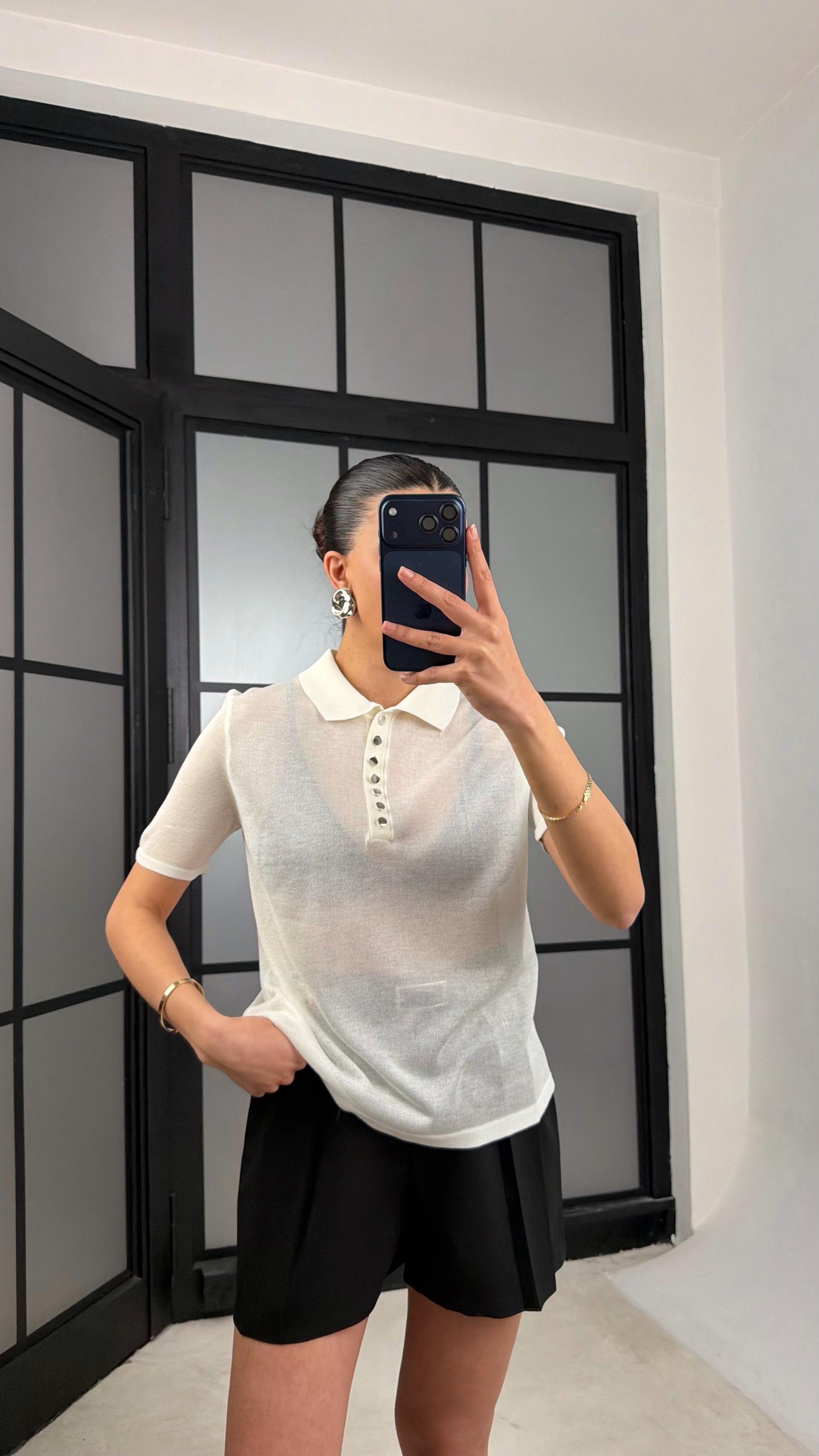 Ekru Polo Yaka Simli Transparan Bluz GAUS-01325GAUSالبلوزات GAUS-01325