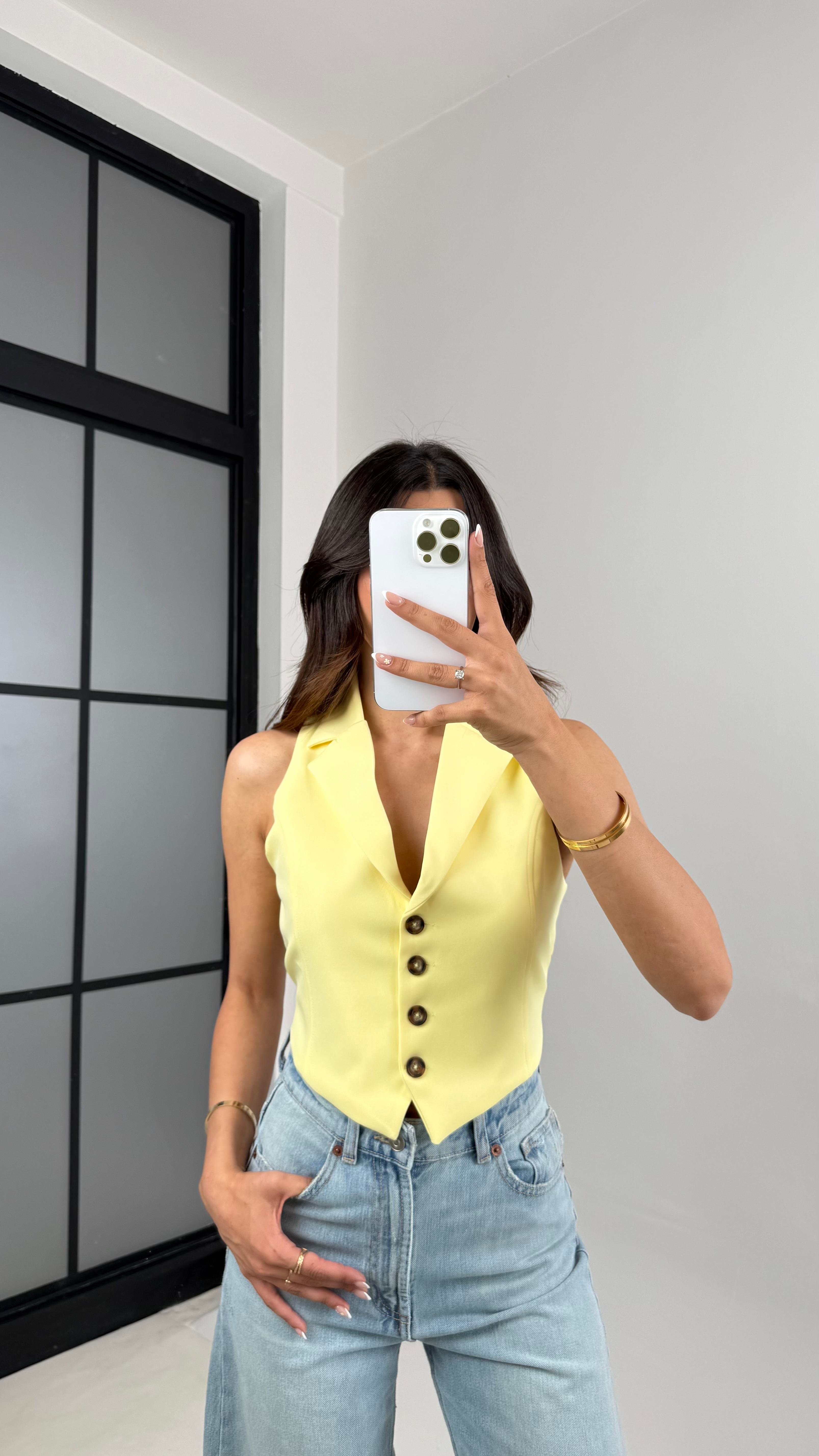 Sarı Sırt Dekolteli Astarlı Yelek Gaus00562Gaus السترات الصوفية GU1002310