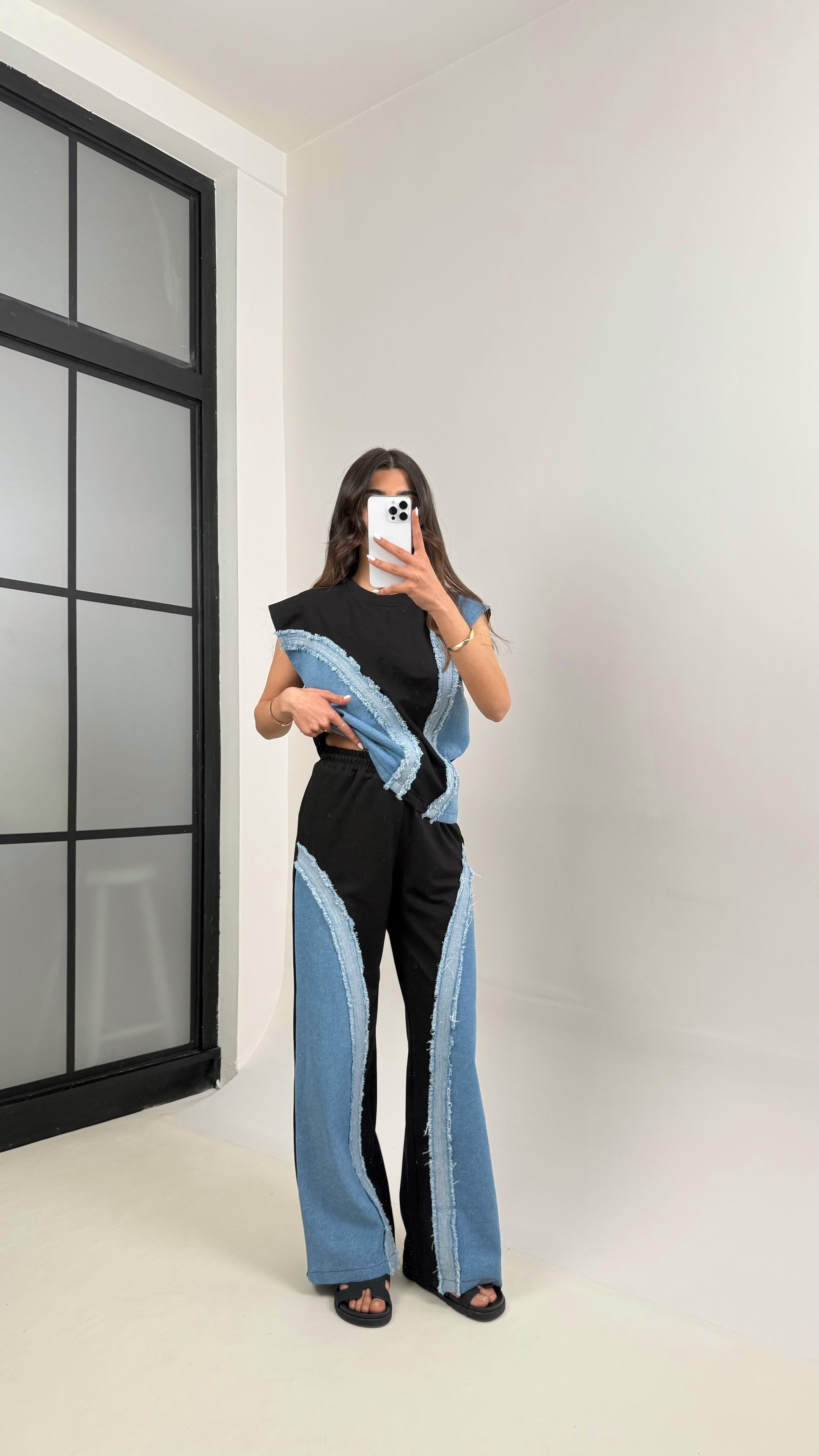 Siyah Dalga Desen Püskül Detaylı Denim Tasarım Takım Gaus00342GausTAKIMGU1001796