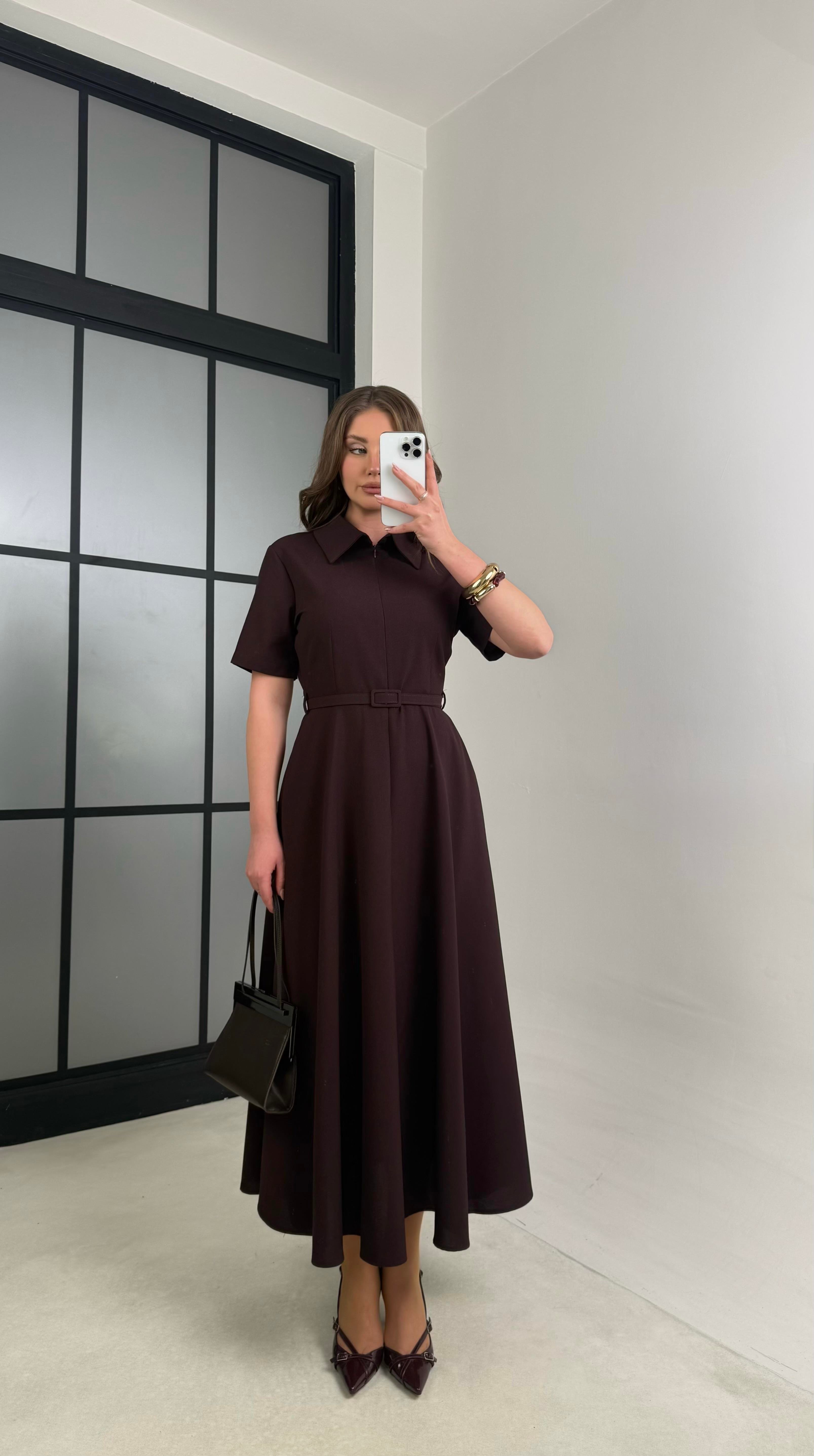 Mürdüm İnce Kemerli Elbise GAUS-00991GAUSELBİSEGAUS-00991