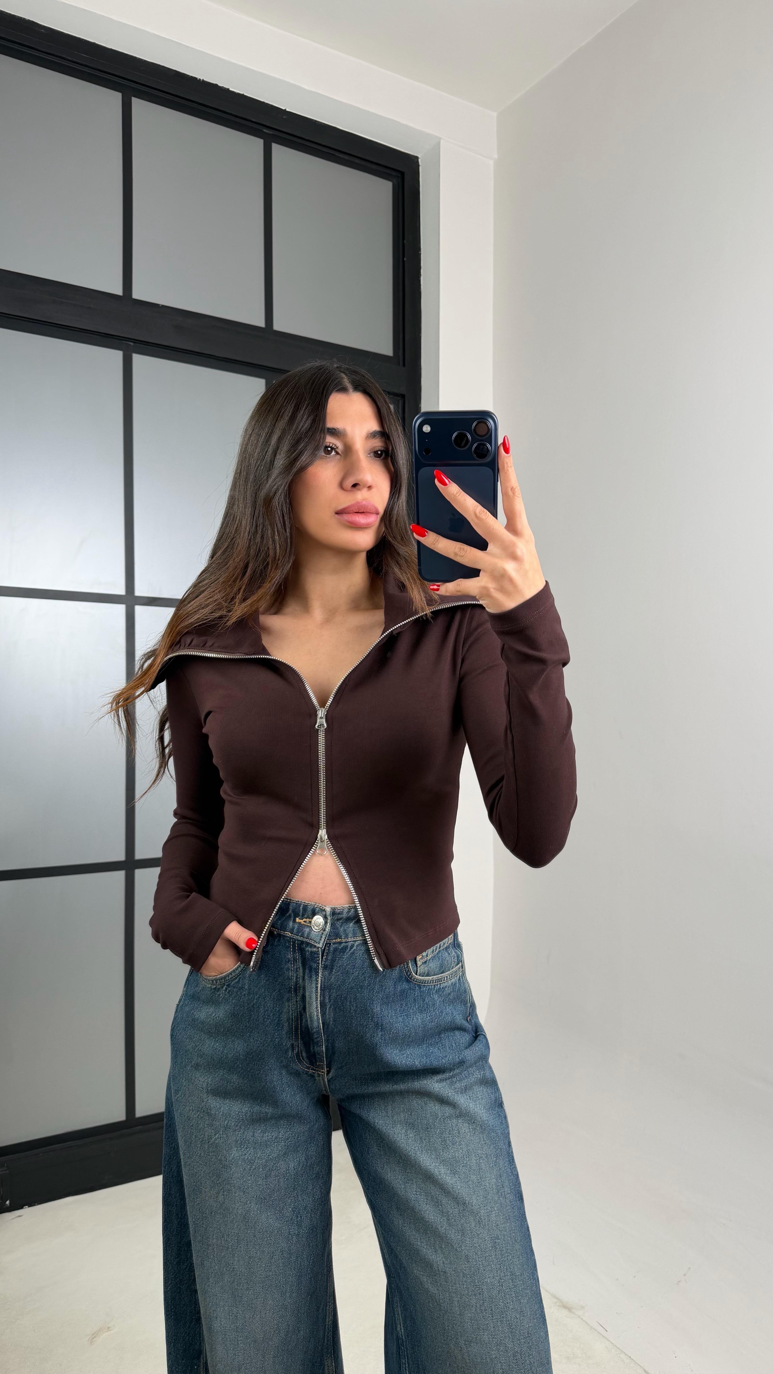 Acı Kahve Çift Fermuarlı Bluz GAUS-00939GAUSBLUZGAUS-00939