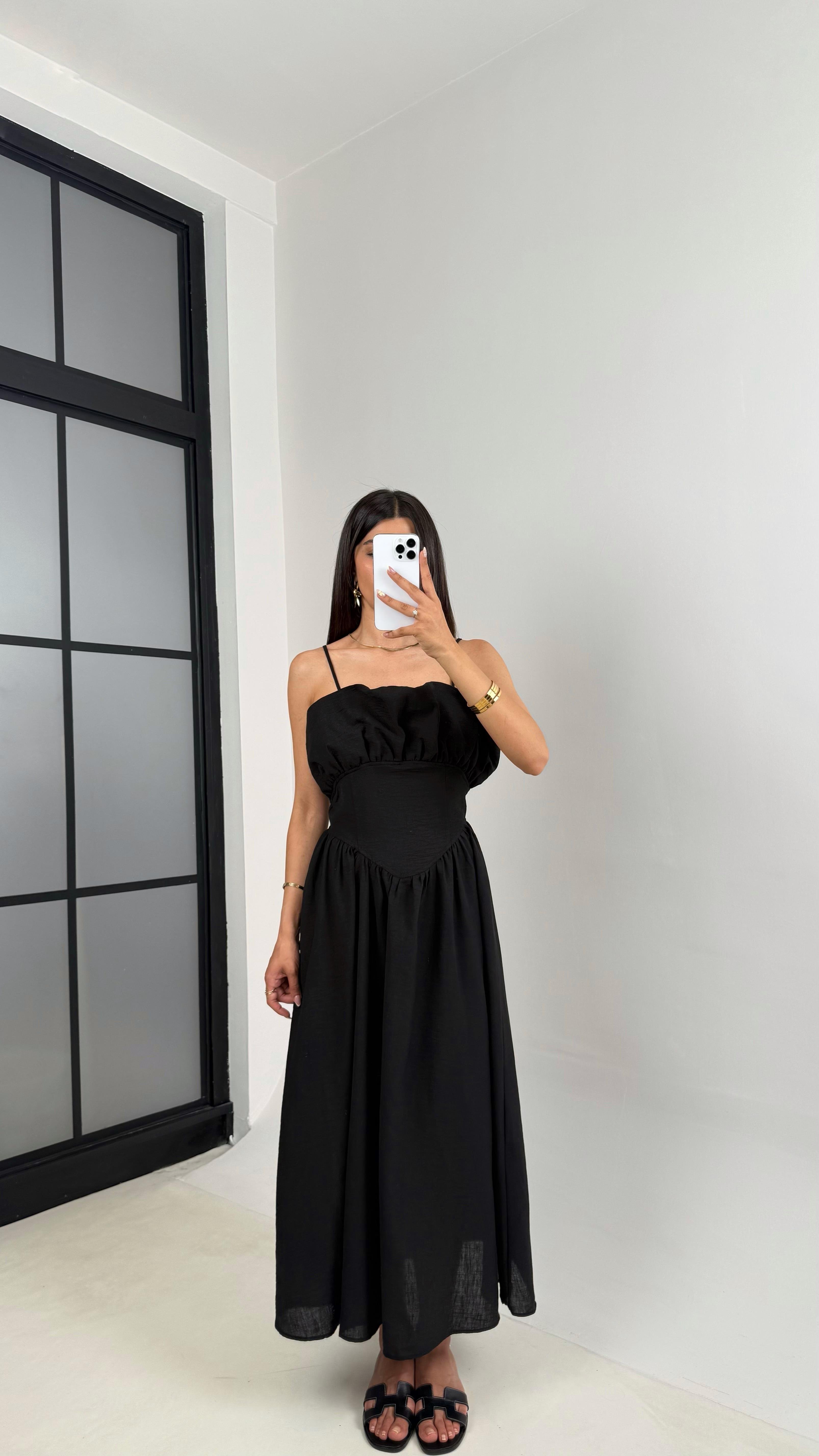 Siyah Ayarlanabilir Askılı Korse Detaylı Astarlı Keten Elbise Gaus00640GausELBİSEGU1002490