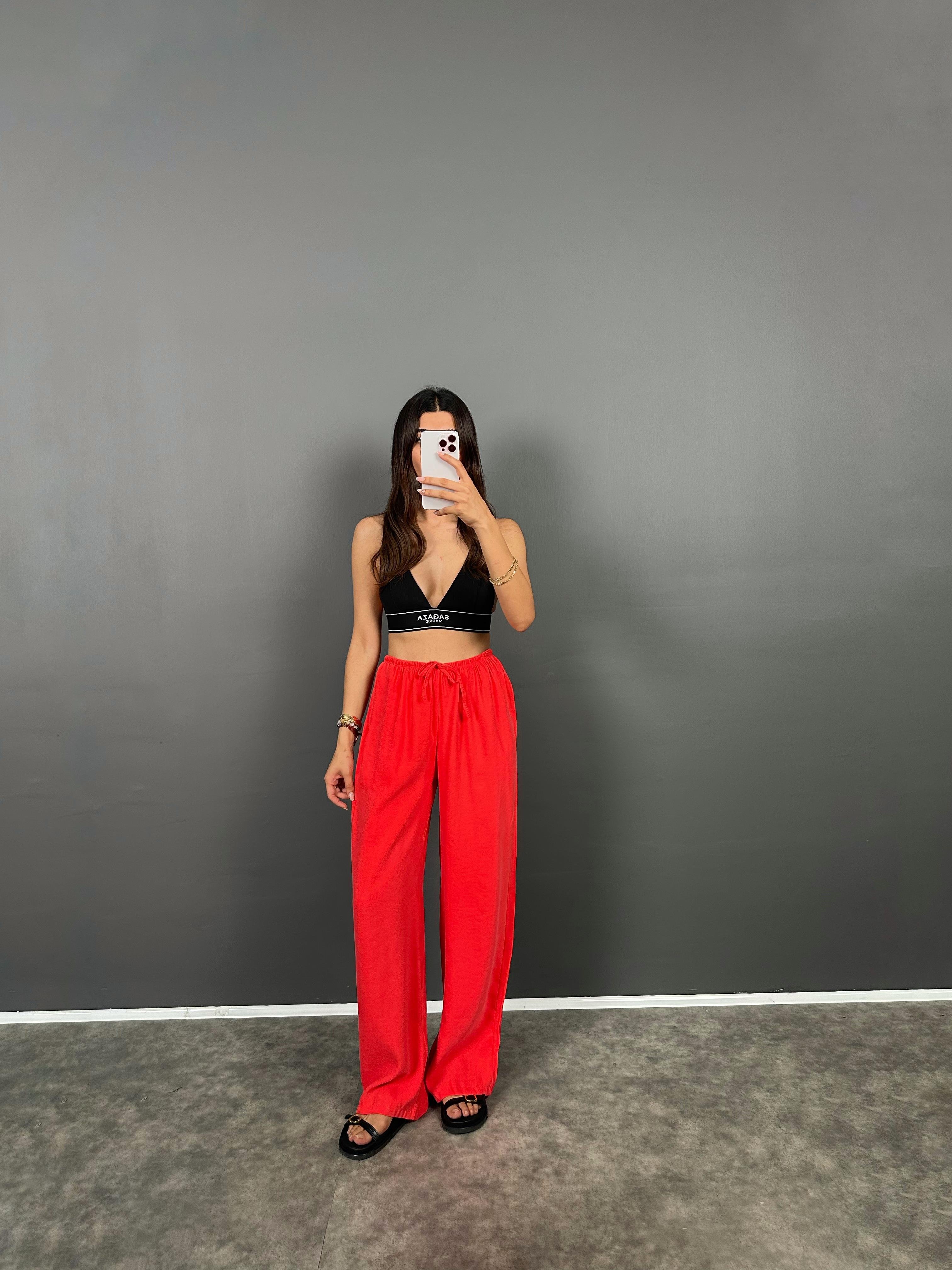 MD Nar Çiçeği Beli Lastikli Cepli  İthal Kumaş Rahat Dokuma Muadil Pantolon