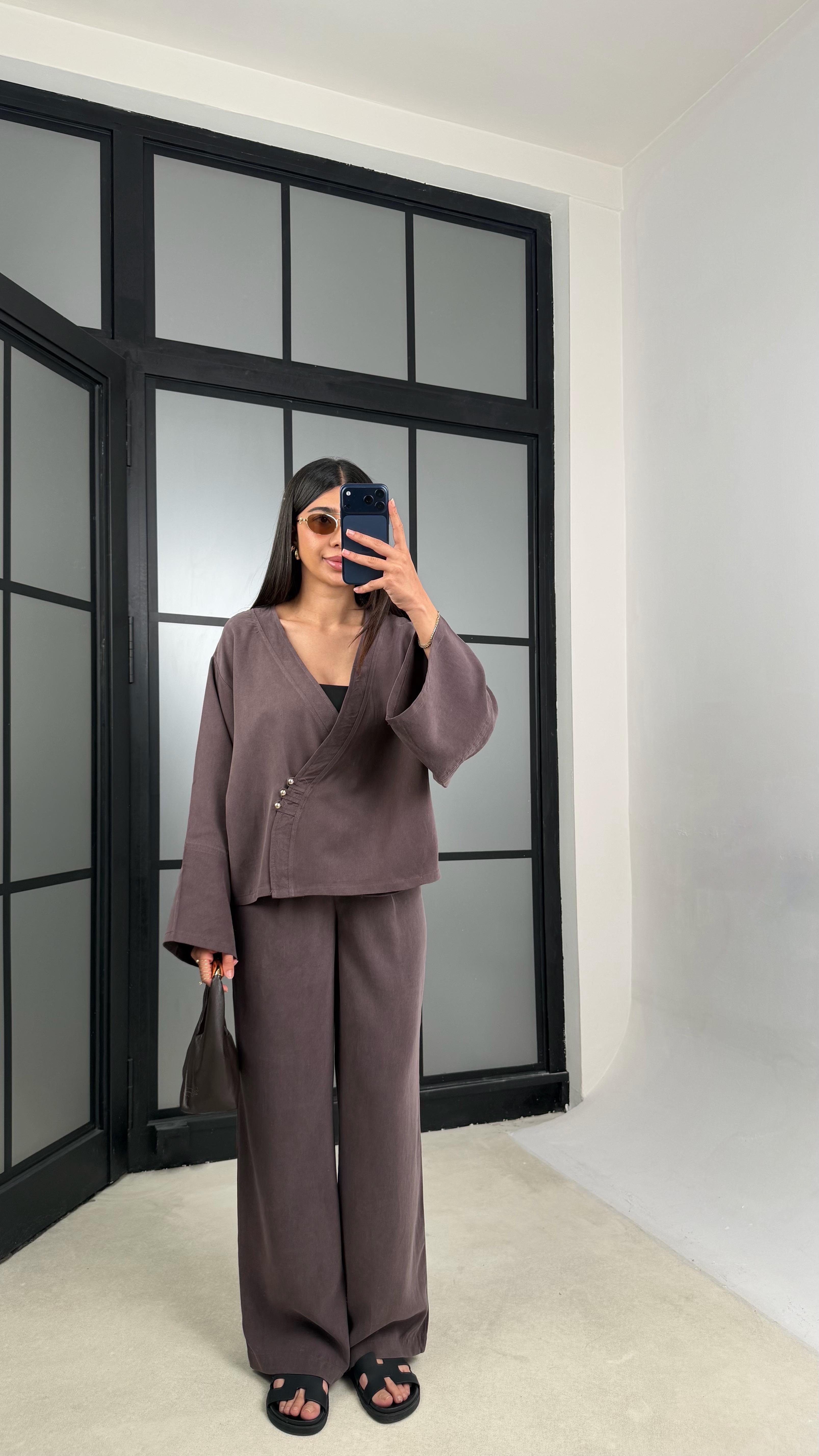 Kahve Düğme Detaylı Kimono Pantolon MD Muadil Tencel Takım GAUS-01451GAUSTAKIMGAUS-01451