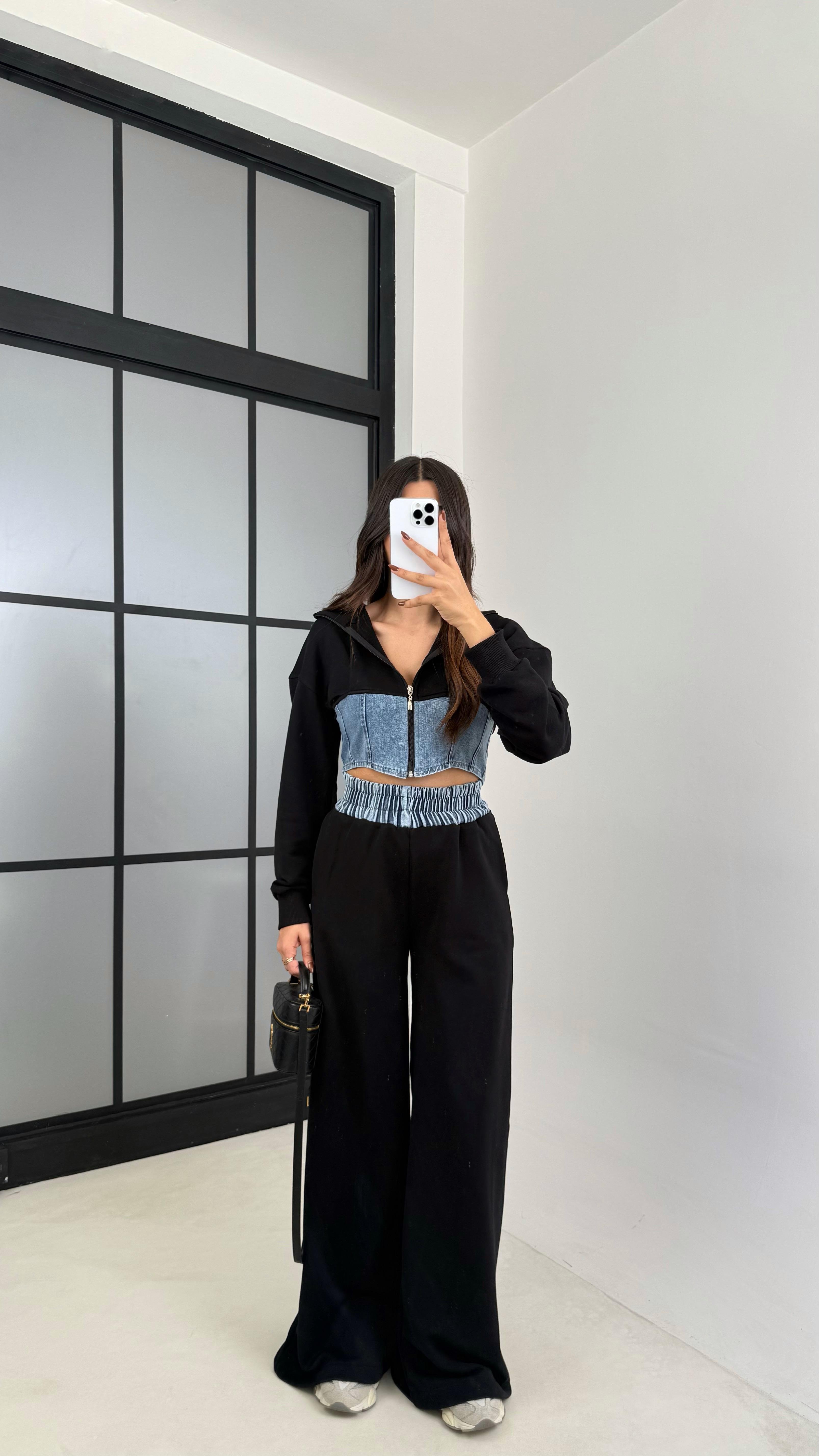 Siyah Denim Detaylı Kapüşonlu Hırka Beli Lastikli Pantolon Tasarım Takım GAUS-00444GAUSTAKIMGAUS-00444