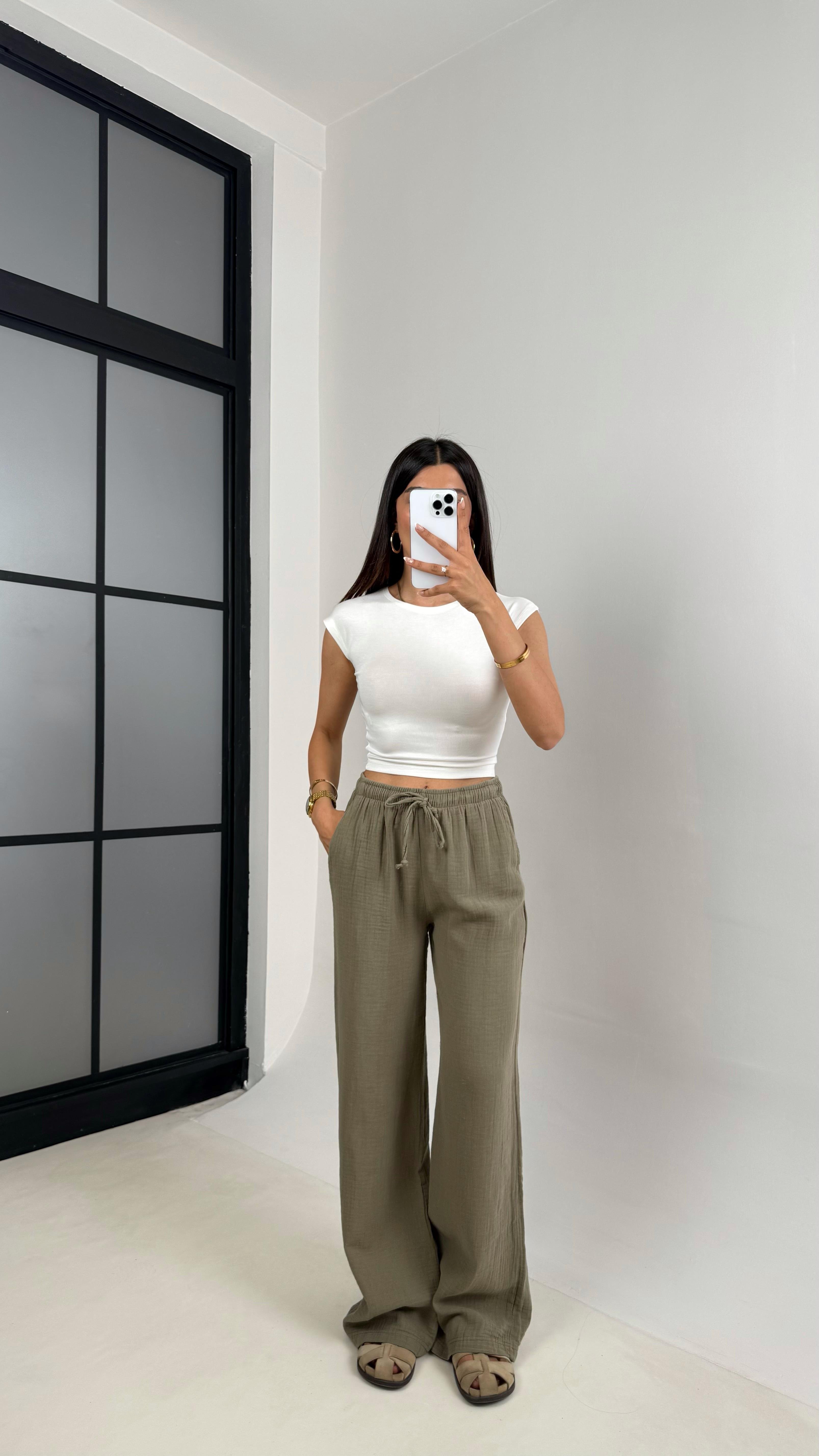 Haki Beli Lastikli Müslin Pantolon Gaus00586GausPANTOLONGU1002367