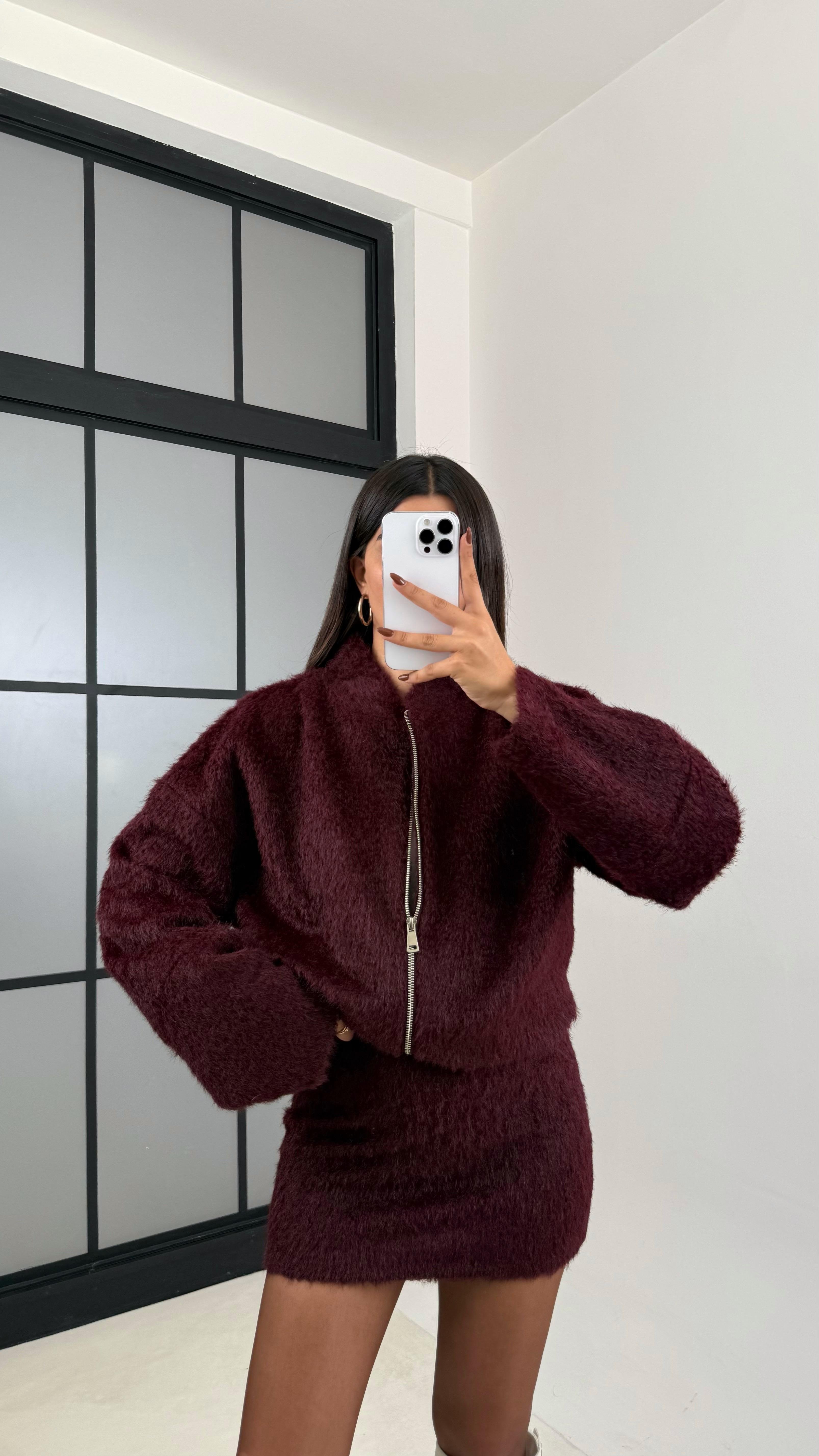 Bordo Ceket Etek Peluş Tüylü İkili Takım GAUS-00218GAUSTAKIMGAUS-00218