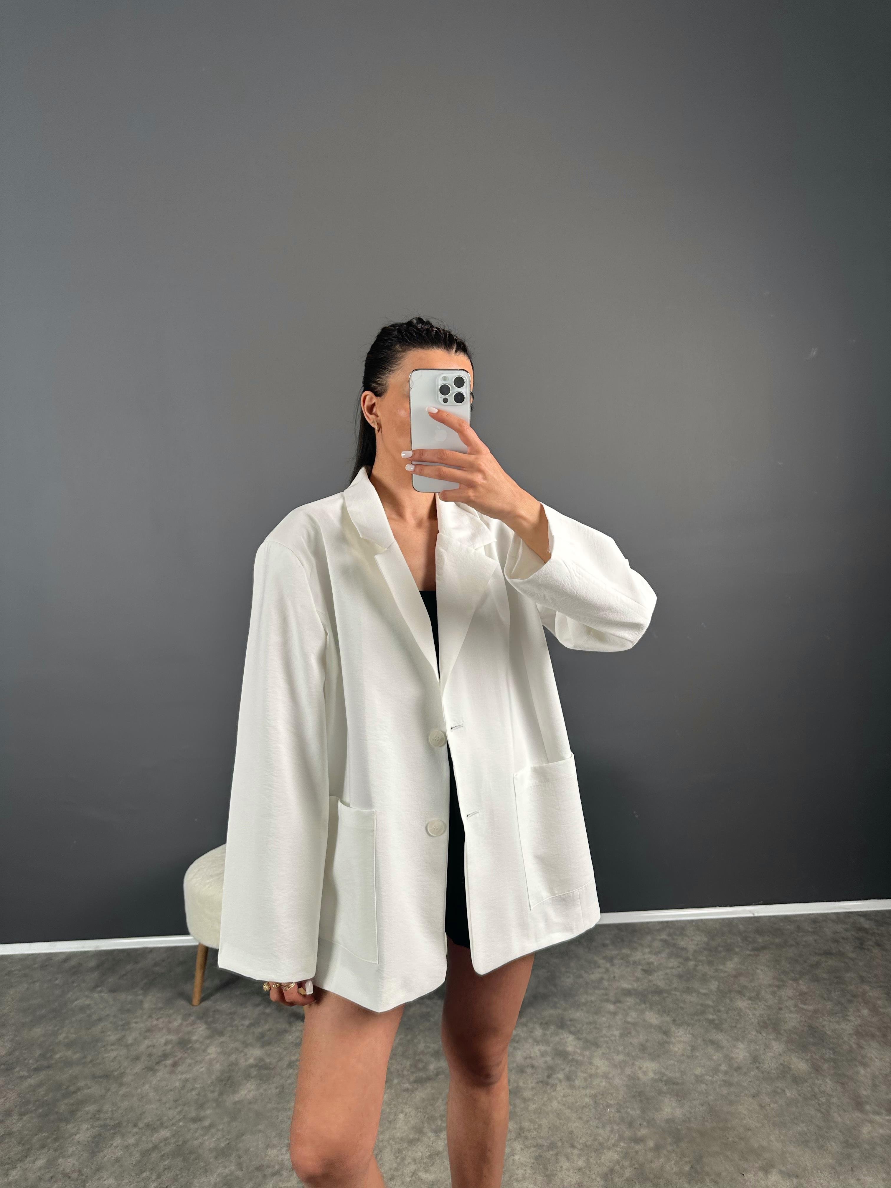 Muadil Beyaz Premium Keten Oversize CeketGausCEKETGU007288