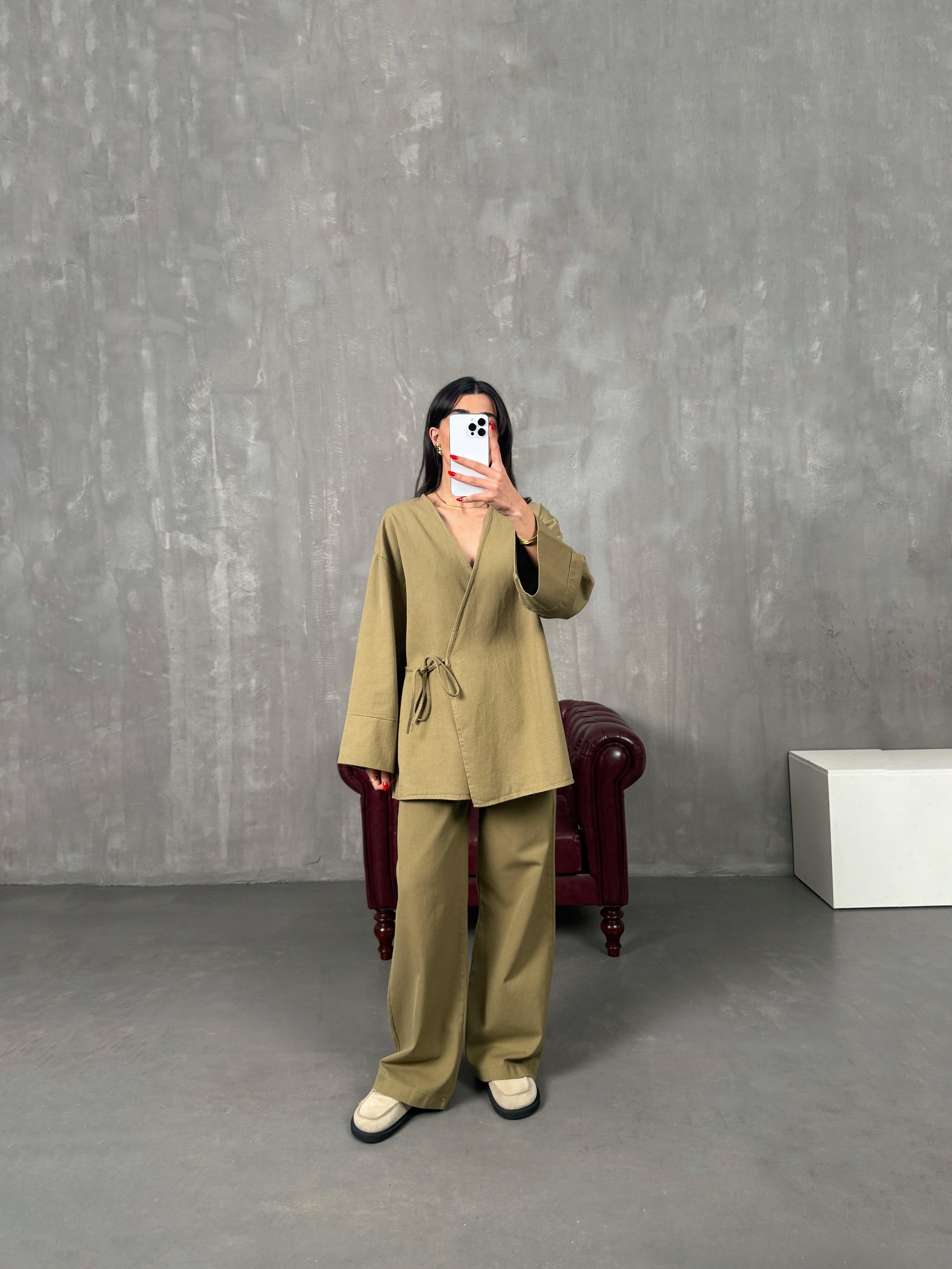 Rozali Yeşil Gabardin Kimono İkili TakımGausTAKIMGU100559