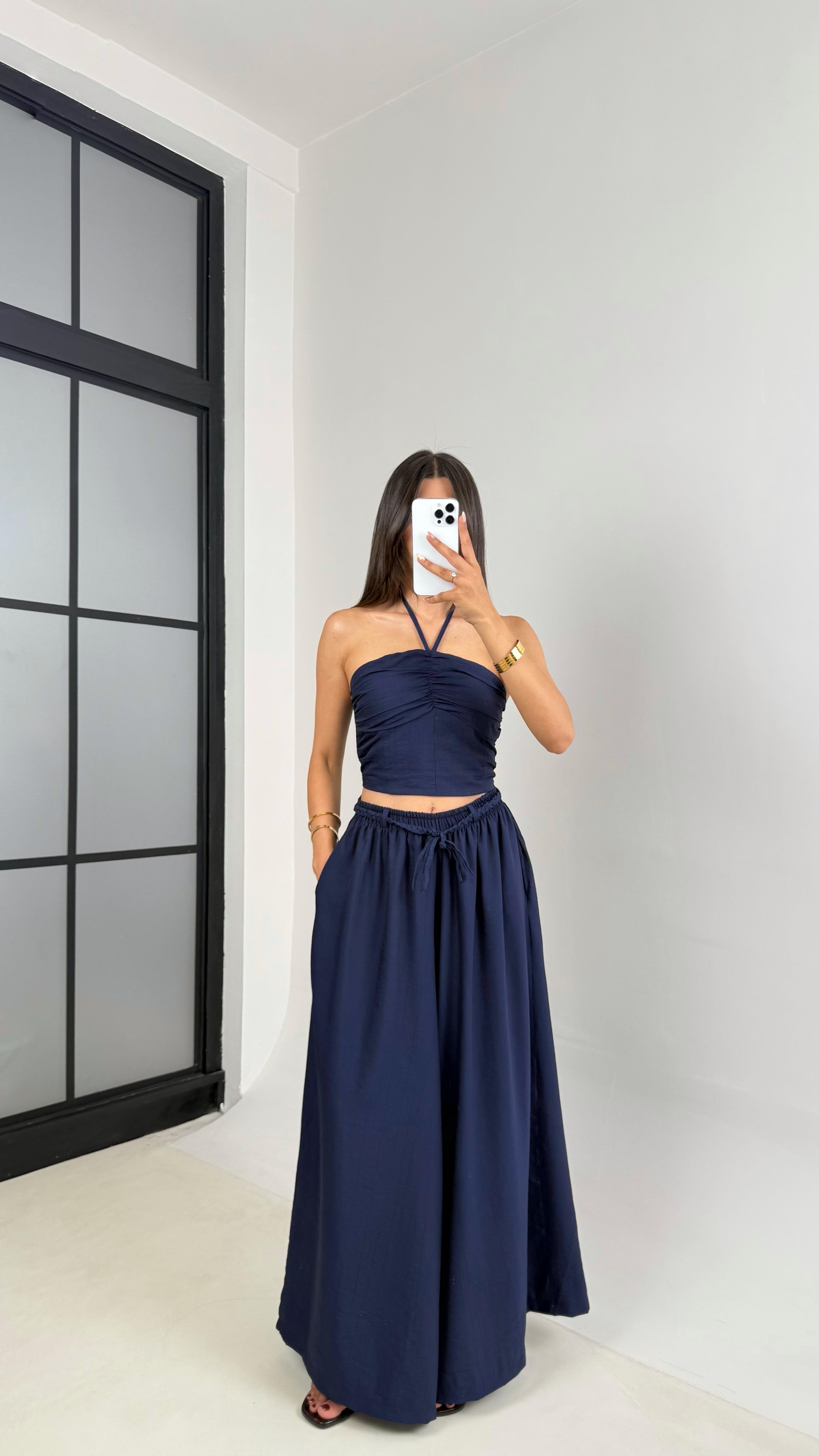 Lacivert Boyundan Bağlamalı Beli Lastikli Crop Kuşaklı Cepli Pantolon Çilek Kumaş Takım Gaus00659GausSuitsGU1002526