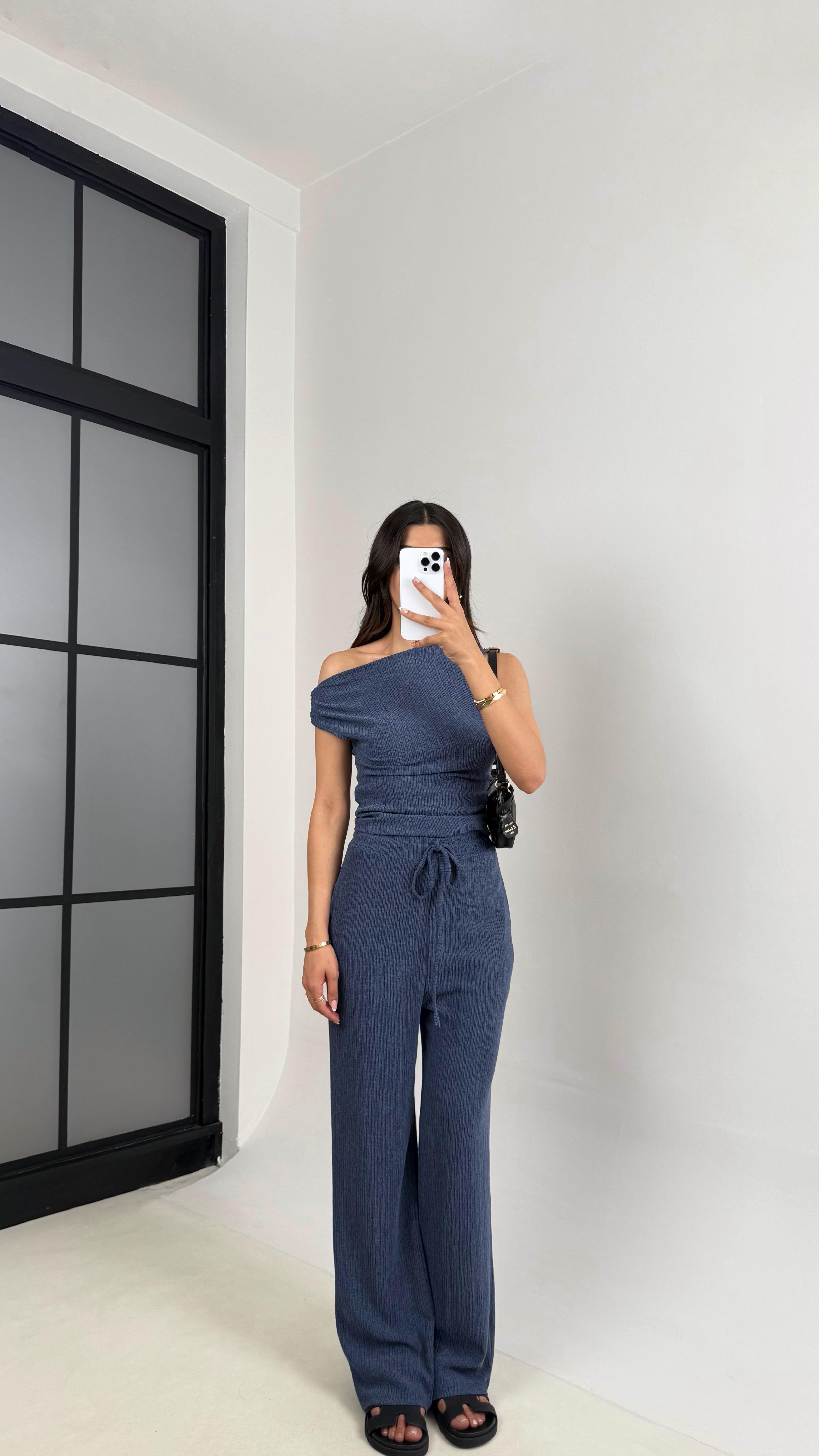 Mavi Asimetrik Bluz Beli Lastikli Pantolon Bürümcük Takım Gaus00532GausTAKIMGU1002245