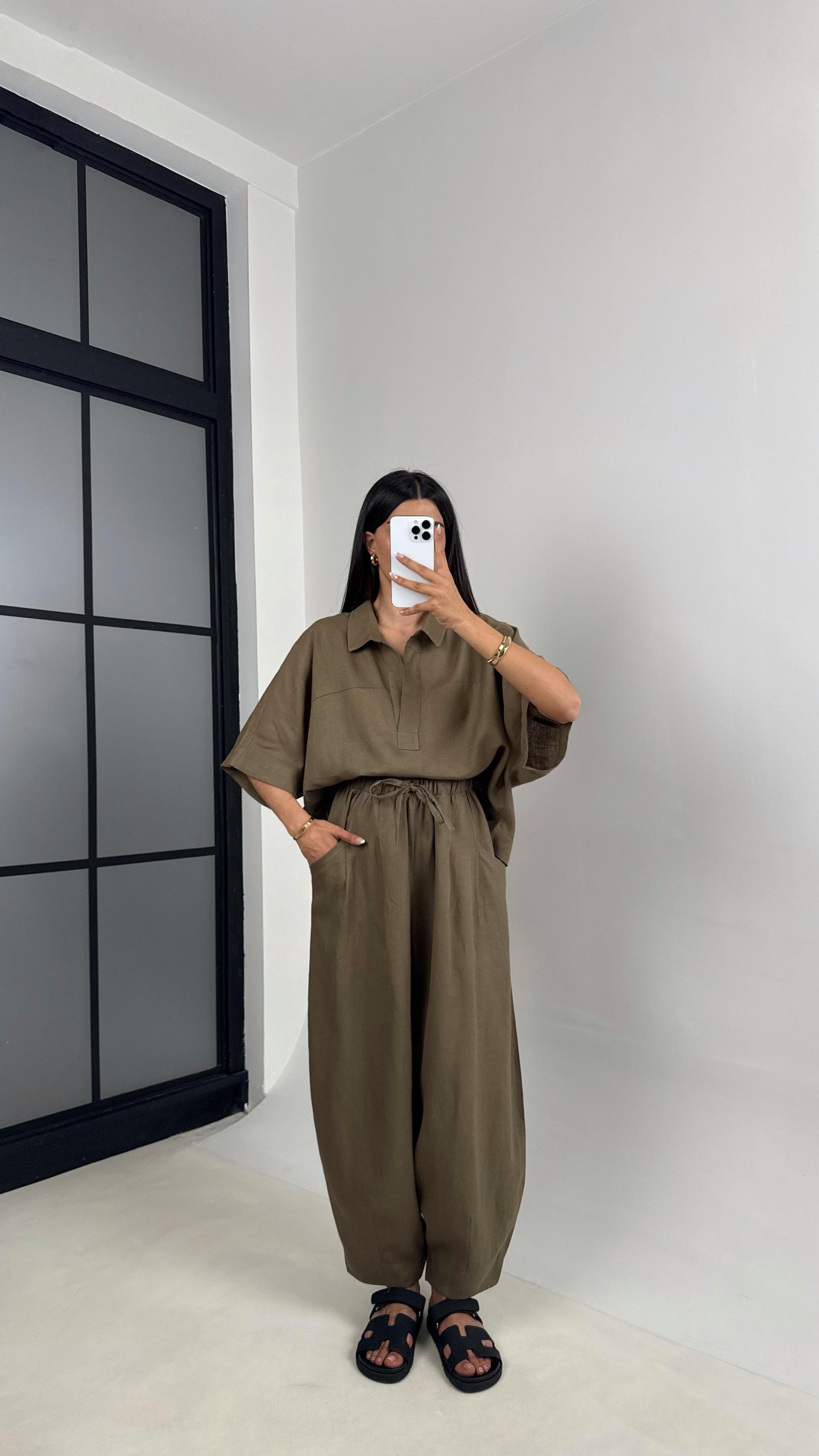 Haki Polo Yaka Yarasa Kol Bluz Şalvar Pantolon Md Muadil Premium Keten Takım Gaus00542GausTAKIMGU1002261