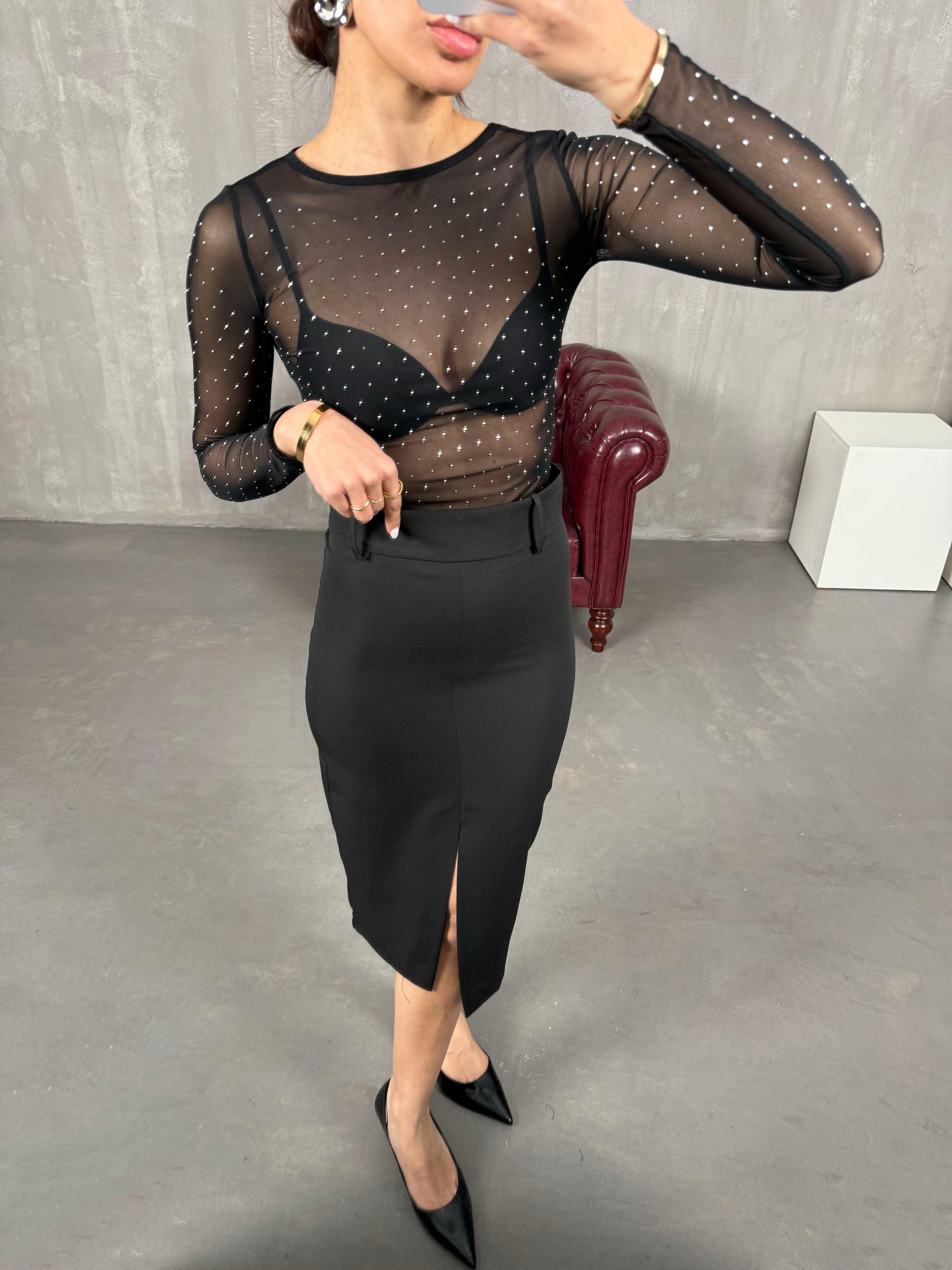 تنورة قلم مُعادل لون أسود مع شق Gaus00047