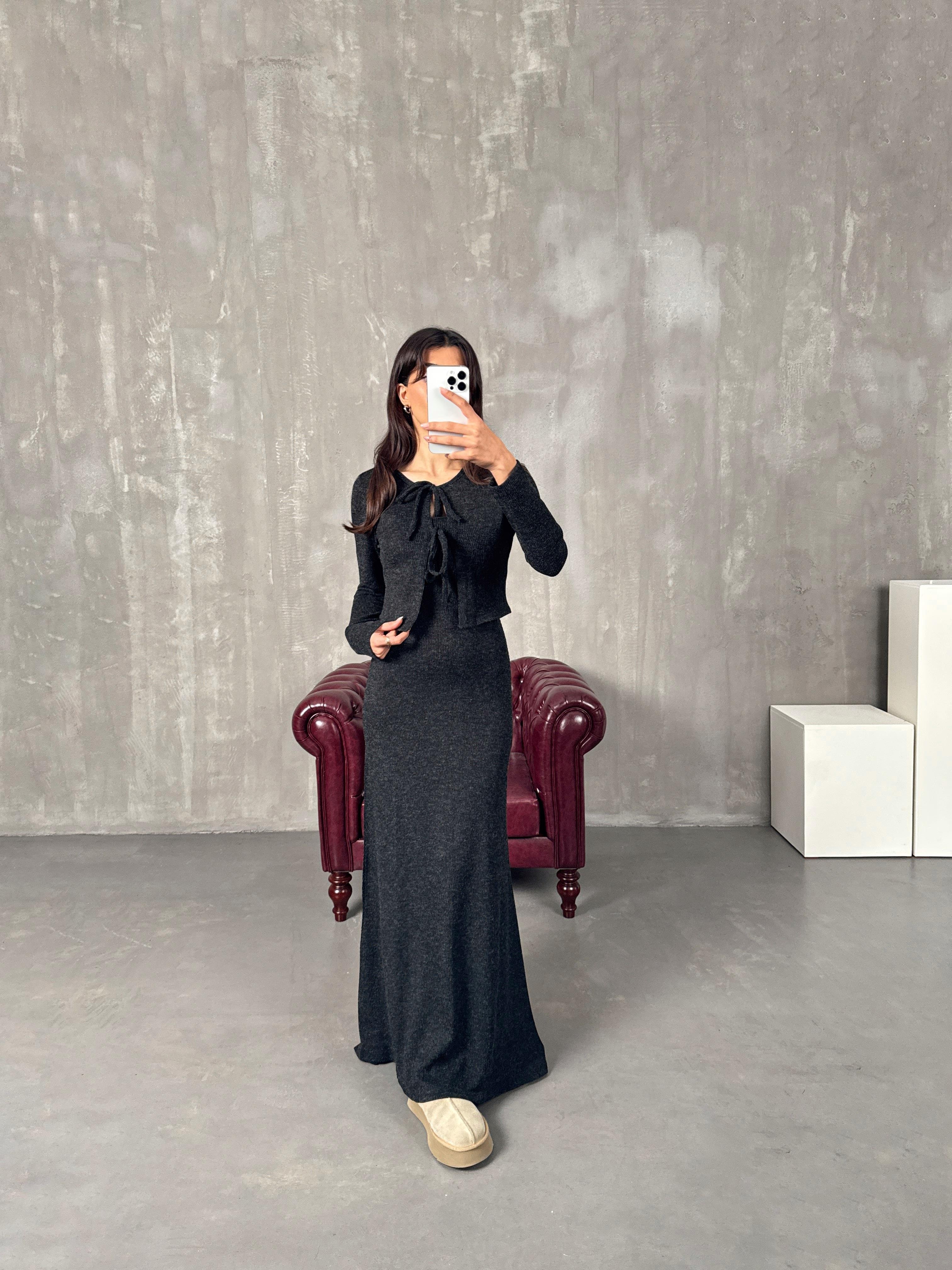 Bagg Antrasit Askılı Elbise Hırka İkili Takım