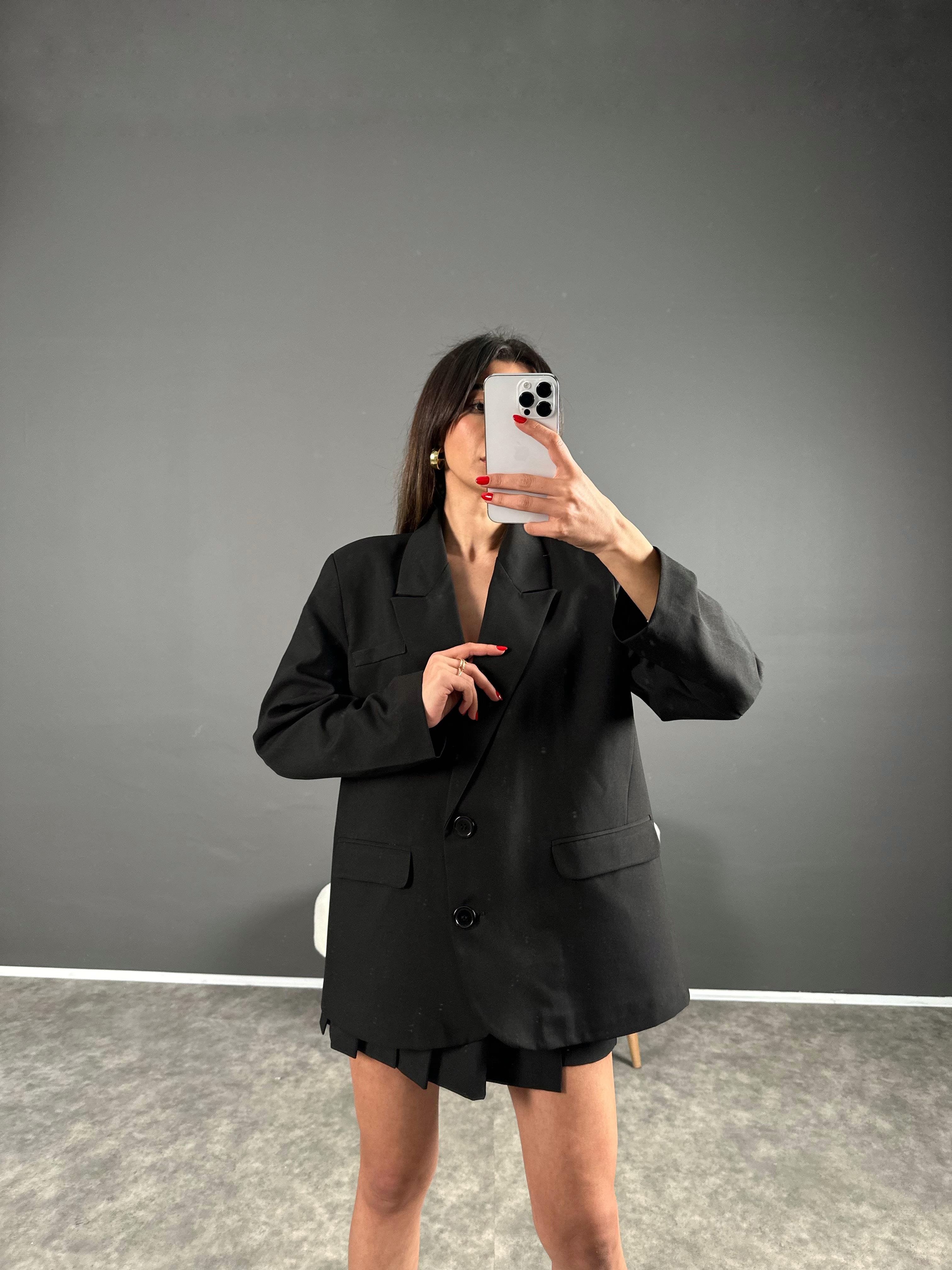 Siyah Sırt Baskılı Oversize Blazer Ceket